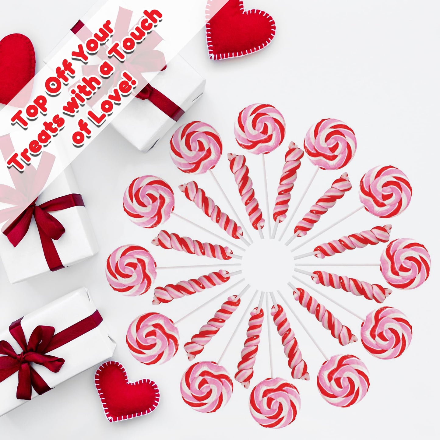 24 Red, Pink And White Lollipops Individually Wrapped - 18G Swirl And 12G Twisty Suckers
