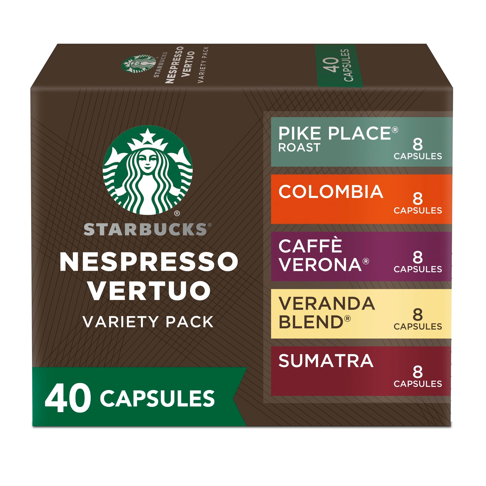 Starbucks Vertuo Coffee Pods Variety Pack, Blonde, Medium, Dark Roast, 40 Count, 8 oz Brews, Pack of 5