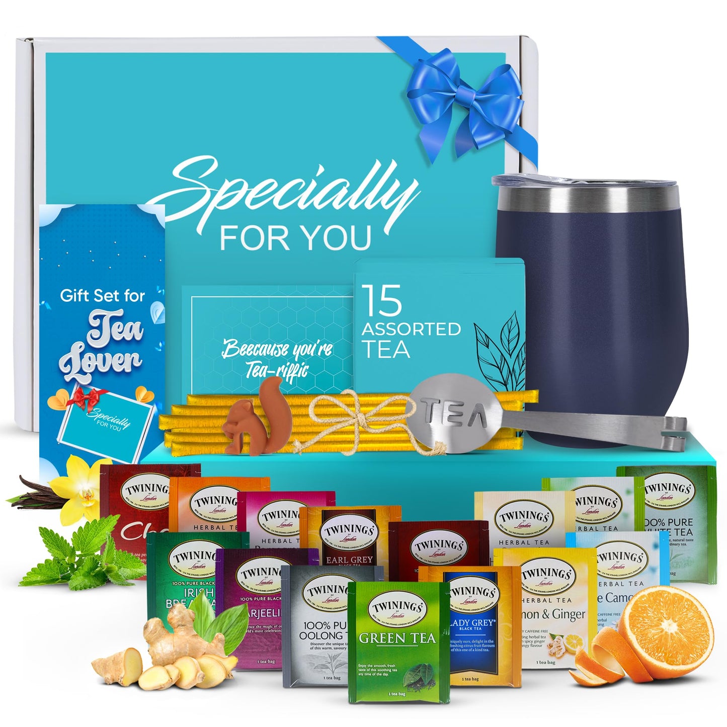 Tea Gift Set For Women And Men – Elegant Tea Sets For Women Gift With 15 Unique Teas, Stainless Steel Tumbler & 10 Honey Straws In Enhanced Box (Blue)