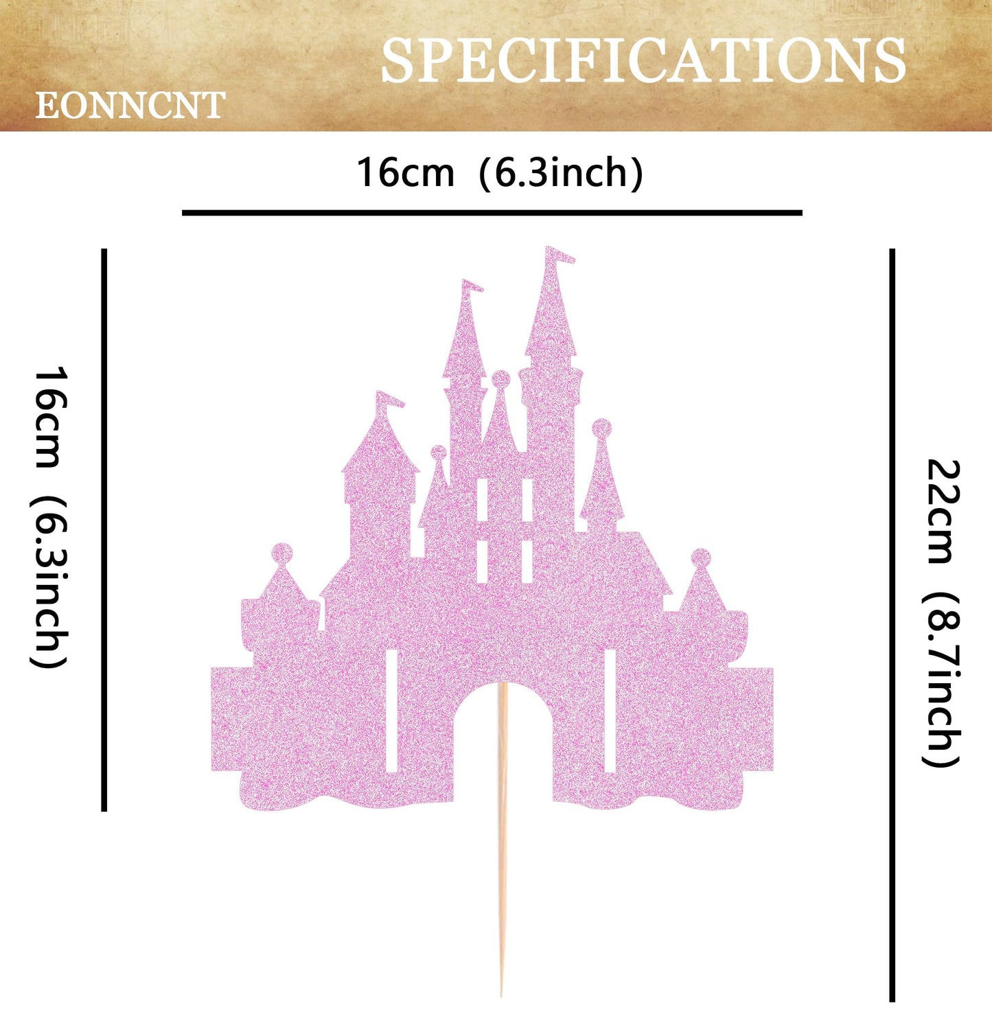 EONNCNT Castle Cake Topper - Pink Glitter Cardboard Birthday Decoration, 6.3 x 8.7 Inches