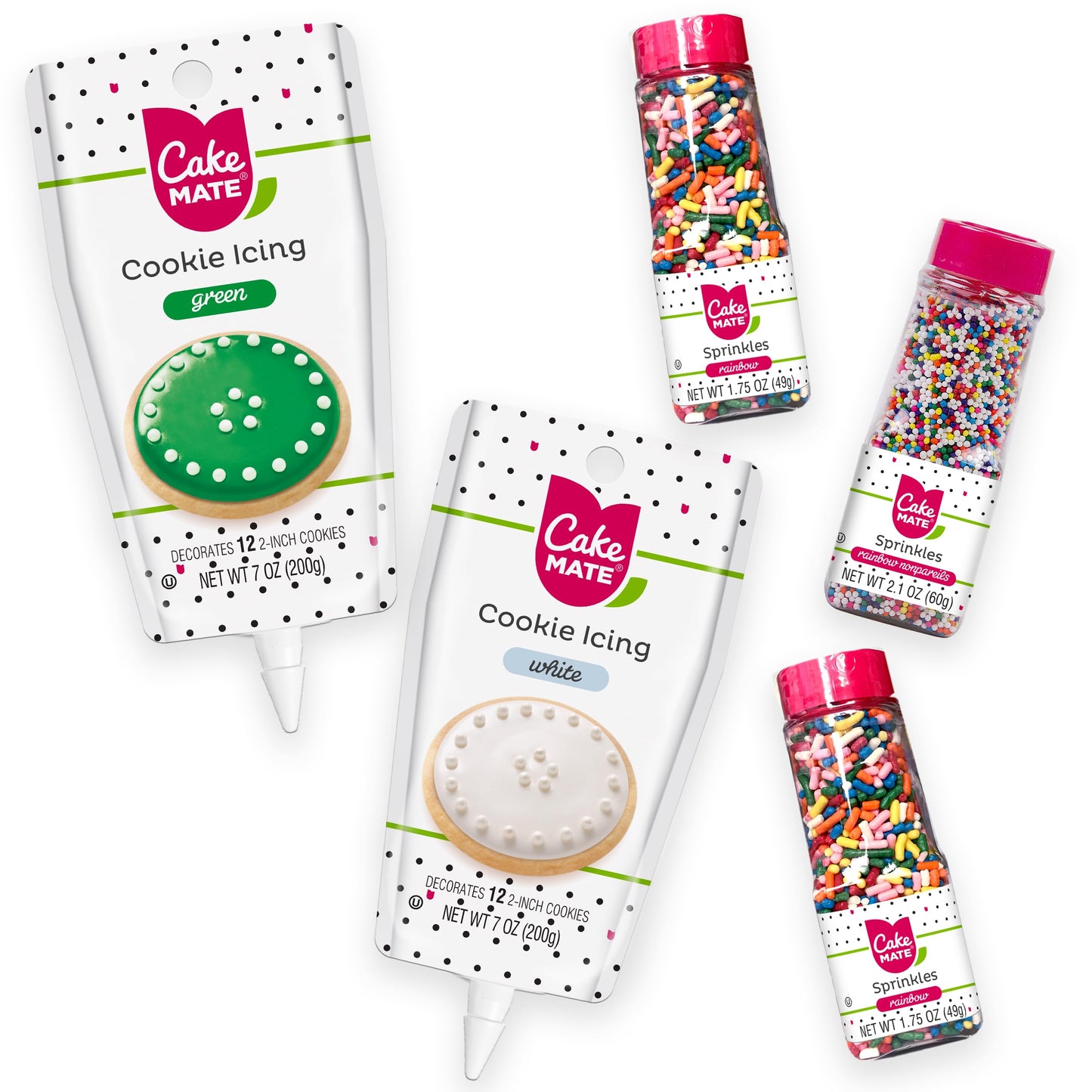 Cake Mate Easter Cookie Decorating Kit - White & Green Icing, Rainbow Sprinkles - Perfect for Cookies, Brownies, Ice Cream