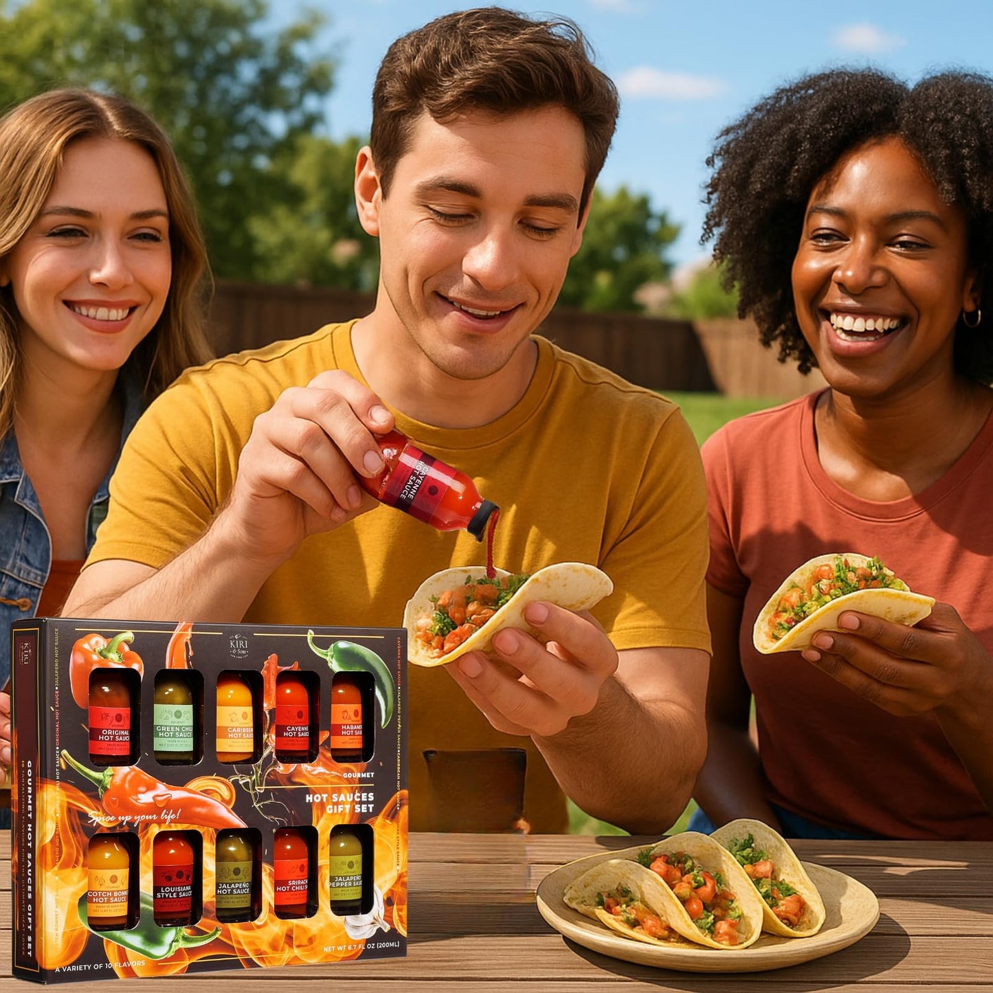 Kiri & Sons Gourmet Hot Sauce Sampler Gift Set of 10 for Fathers Day, Flavors Include Habanero, Scotch Bonnet, Jalapeno, Srirach