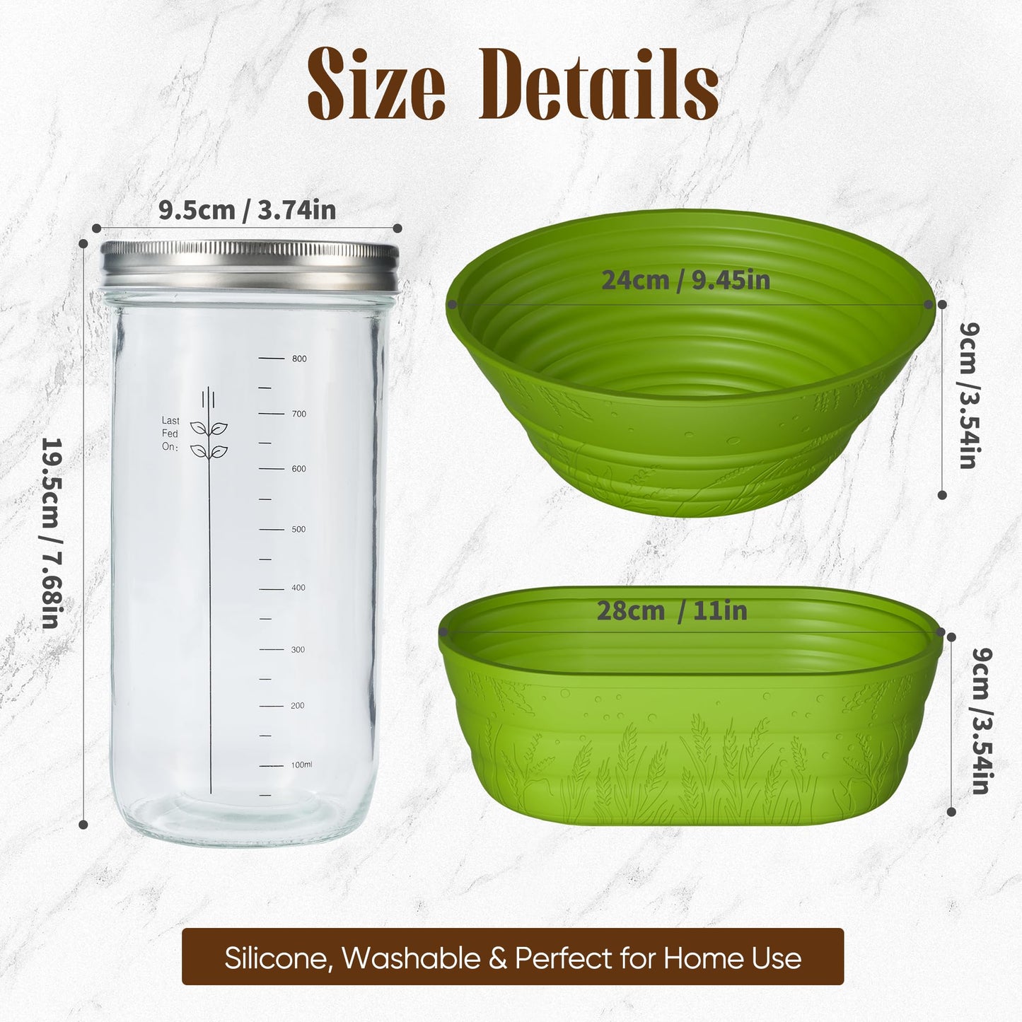 BICRET Sourdough Starter Kit – Complete Baking Supplies, 2 Silicone Proofing Baskets, Baking Mat, Green, Model FJ-3-4C