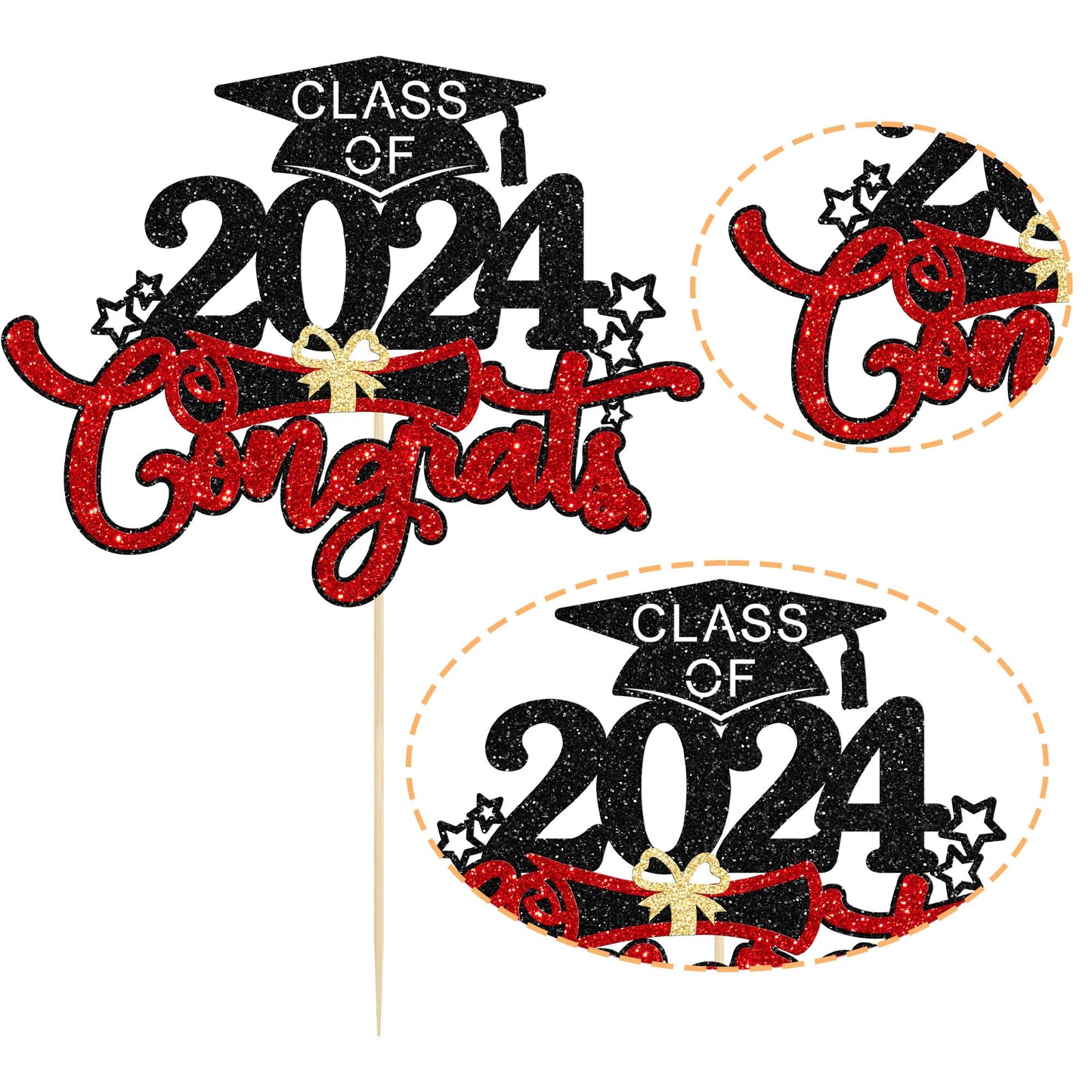 1Pc Congrats Grad 2024 Cake Topper Red Glitter Diploma Graduation Cap Cake Pick Congrats Class Of 2024 Cake Decorations For 2024