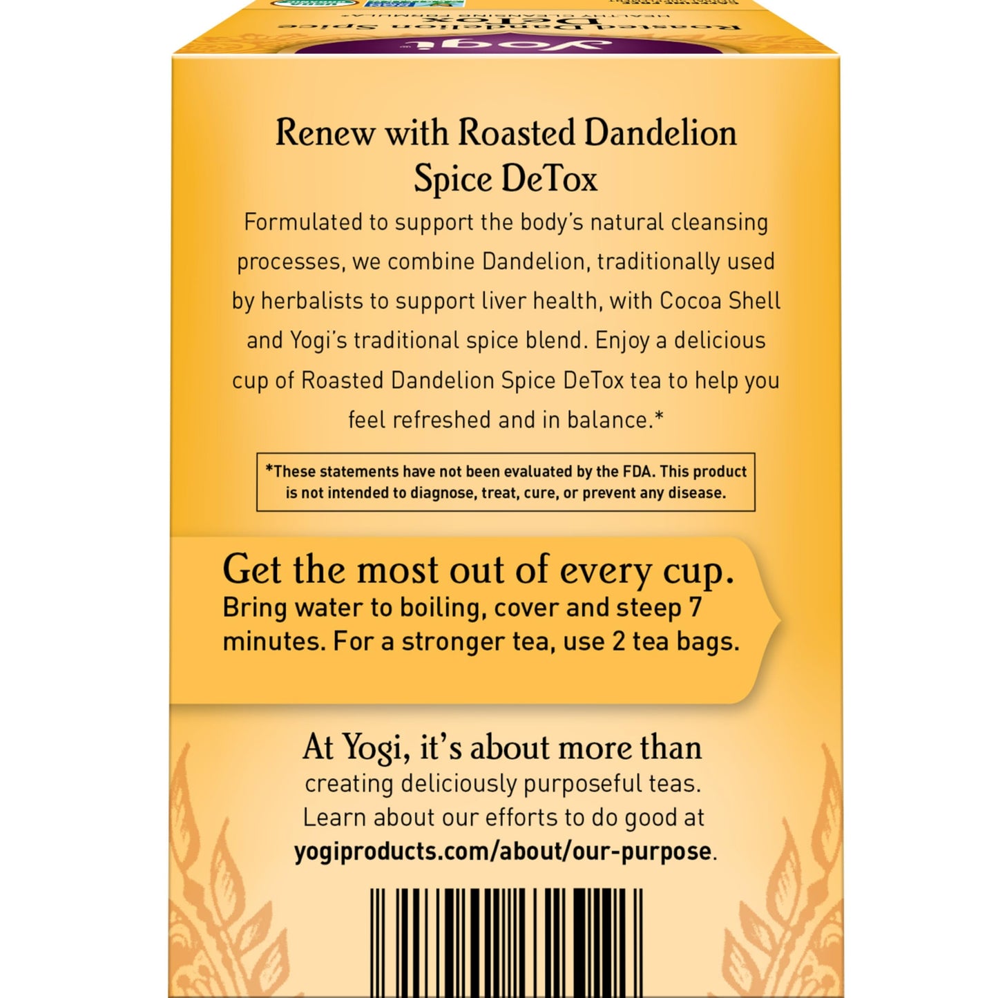 Yogi Tea Roasted Dandelion Spice DeTox Tea - Caffeine Free Herbal Blend, 0.85 Ounce (Pack of 6), 96 Organic Tea Bags