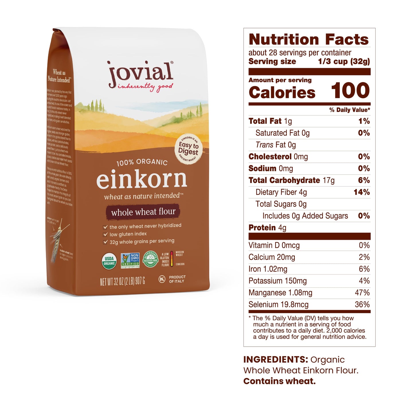 Jovial Organic Einkorn Whole Wheat Flour - Bread Baking Flour for Sourdough, High Protein, Non-GMO, For Organic Pizza & Pasta, E