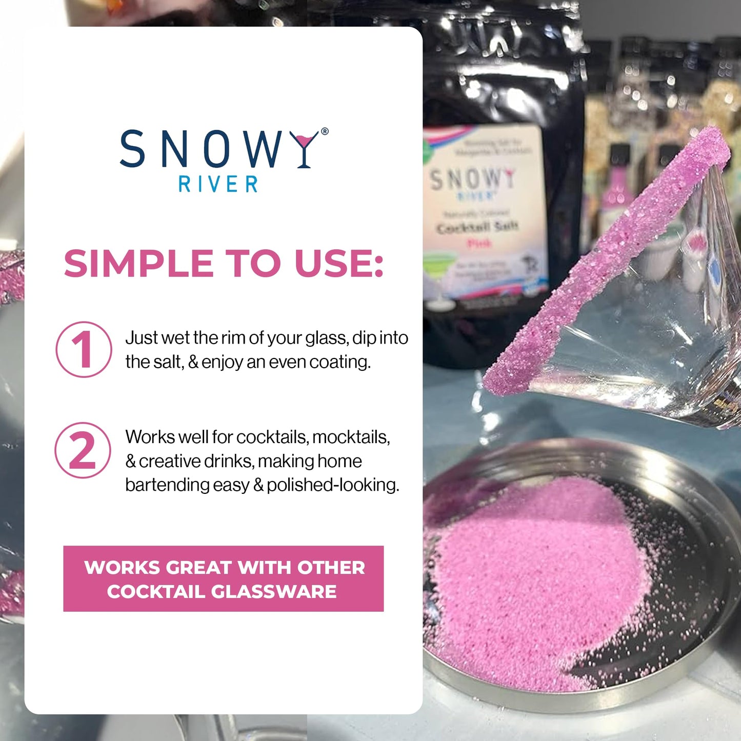 Snowy River Cocktail Rimming Salt, Pink, 4oz – Decorative Culinary Salt for Drinks and Desserts