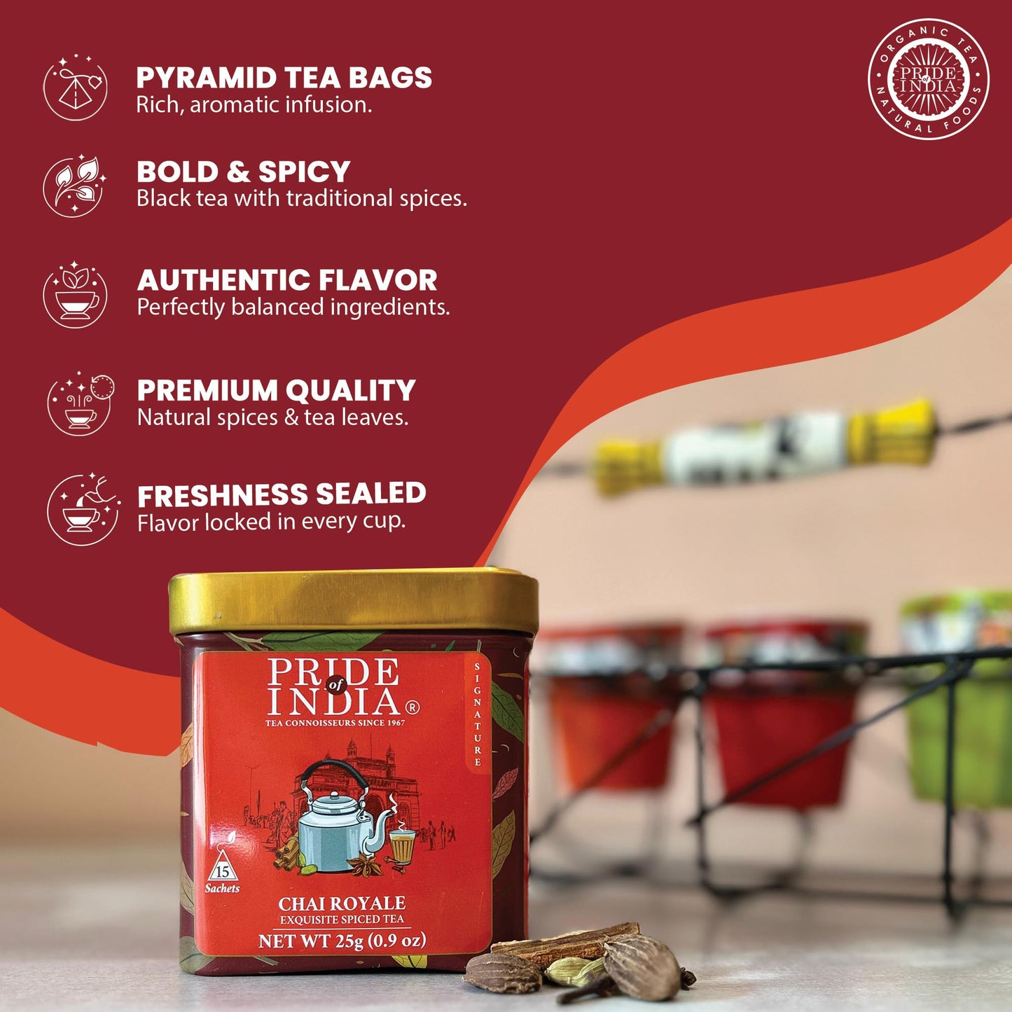Pride Of India | Chai Royale Exquisite Spiced Tea 1 Oz (28.3 Gm) | 15 Pyramid Full Leaf Individually Wrapped Tea Bags | 100% Natural Blend Of Black Tea & Spices |Bold & Spicy Flavor