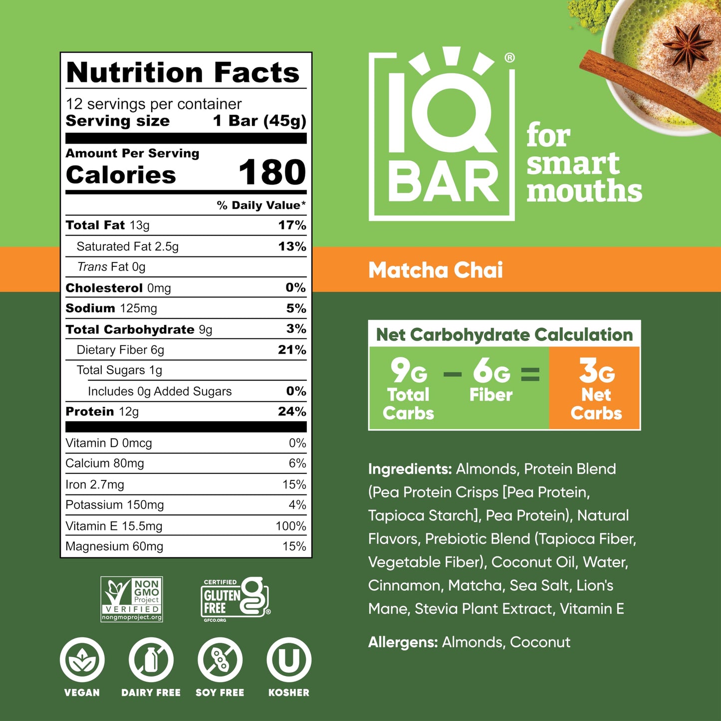 Iqbar Brain And Body Plant Protein Bars - Matcha Chai - 12 Count, Low Carb, High Fiber, Gluten Free, Healthy Vegan Snacks - Low