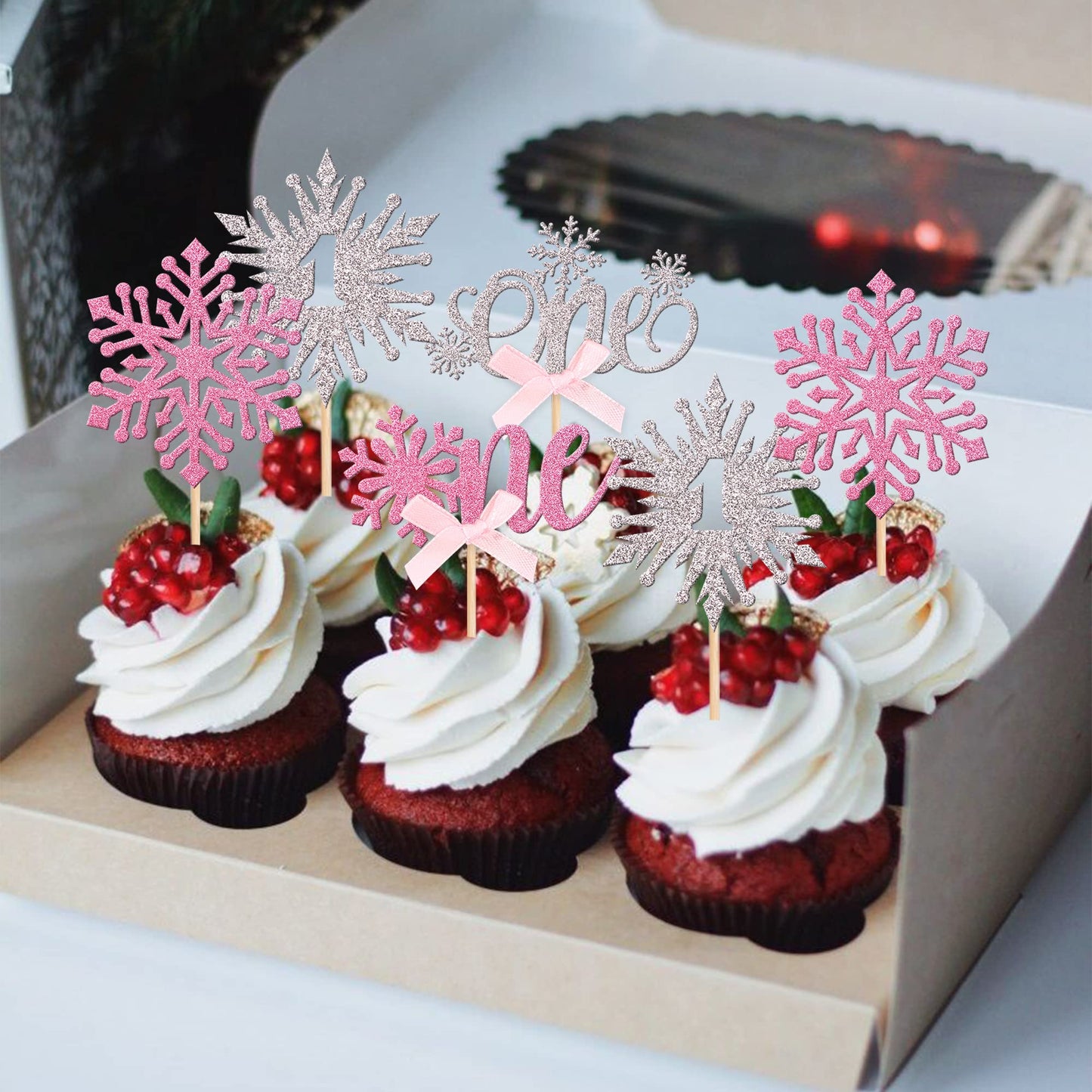 24 Pcs Snowflake 1St Birthday Cupcake Toppers Glitter Bow First Birthday Snowflake One Cupcake Picks For Winter Onederland Theme