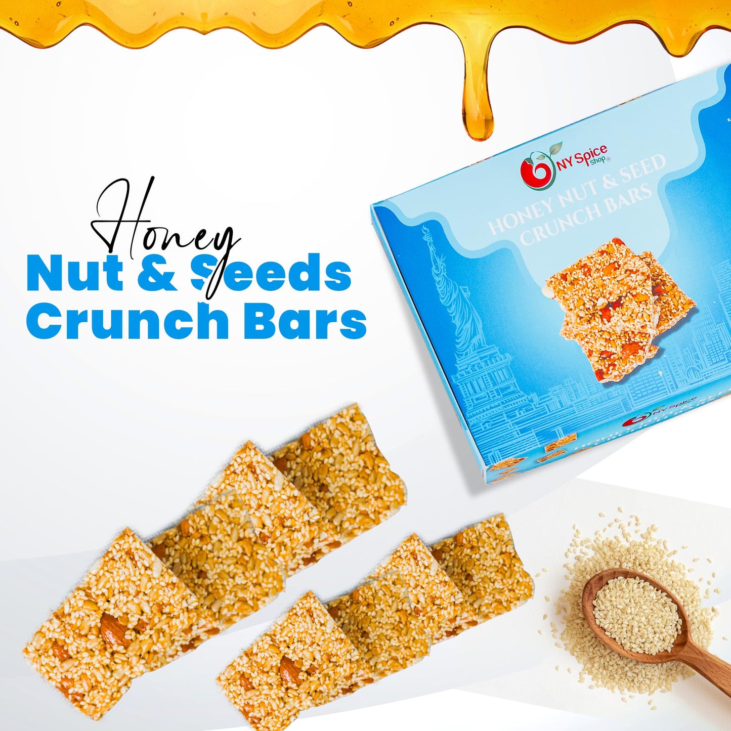 Ny Spice Shop Honey Nut And Seed Crunch Bars - 1 Pound (16 Oz.) Honey Sesame Brittle - Sesame Seed Candy - Sesame Seed Honey Bar
