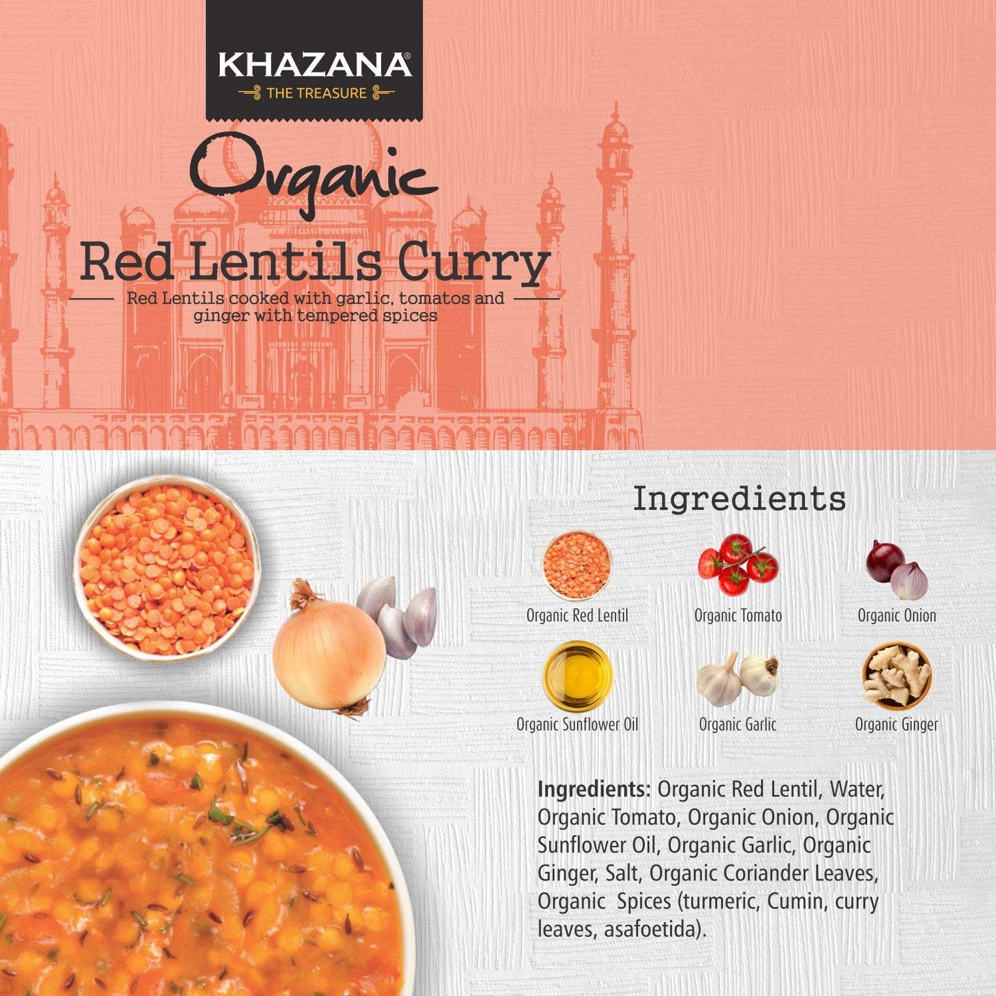 Khazana Organic Ready To Eat Meals - Red Lentils Curry (Pack Of 1, 10Oz Pouches) - Non-Gmo, Vegan, Gluten Free & Kosher - Authen