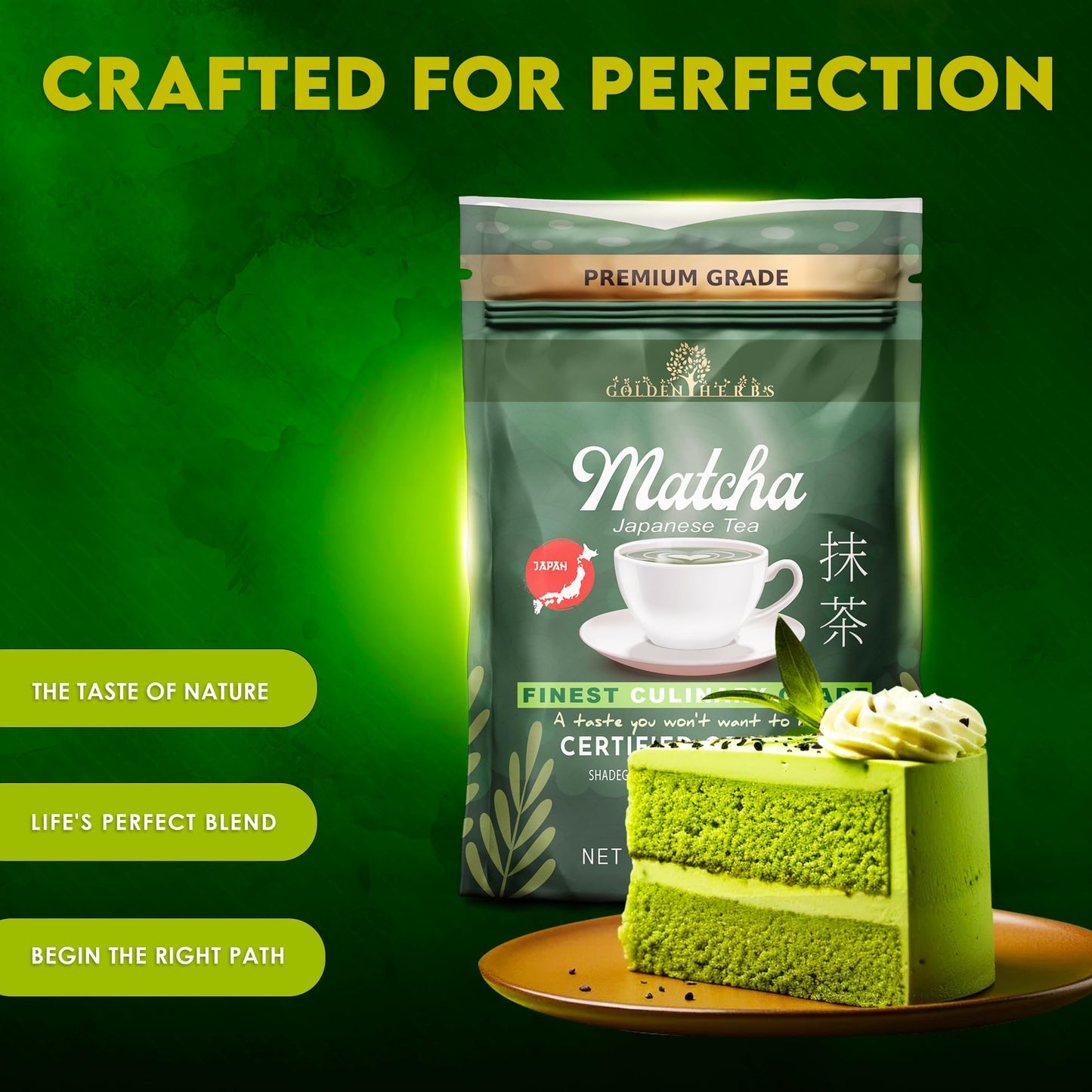 GOLDEN HERBS Matcha Green Tea Powder, USDA Organic, Gluten-Free Vegan, 60 Grams, Culinary Quality, Resealable Pouch