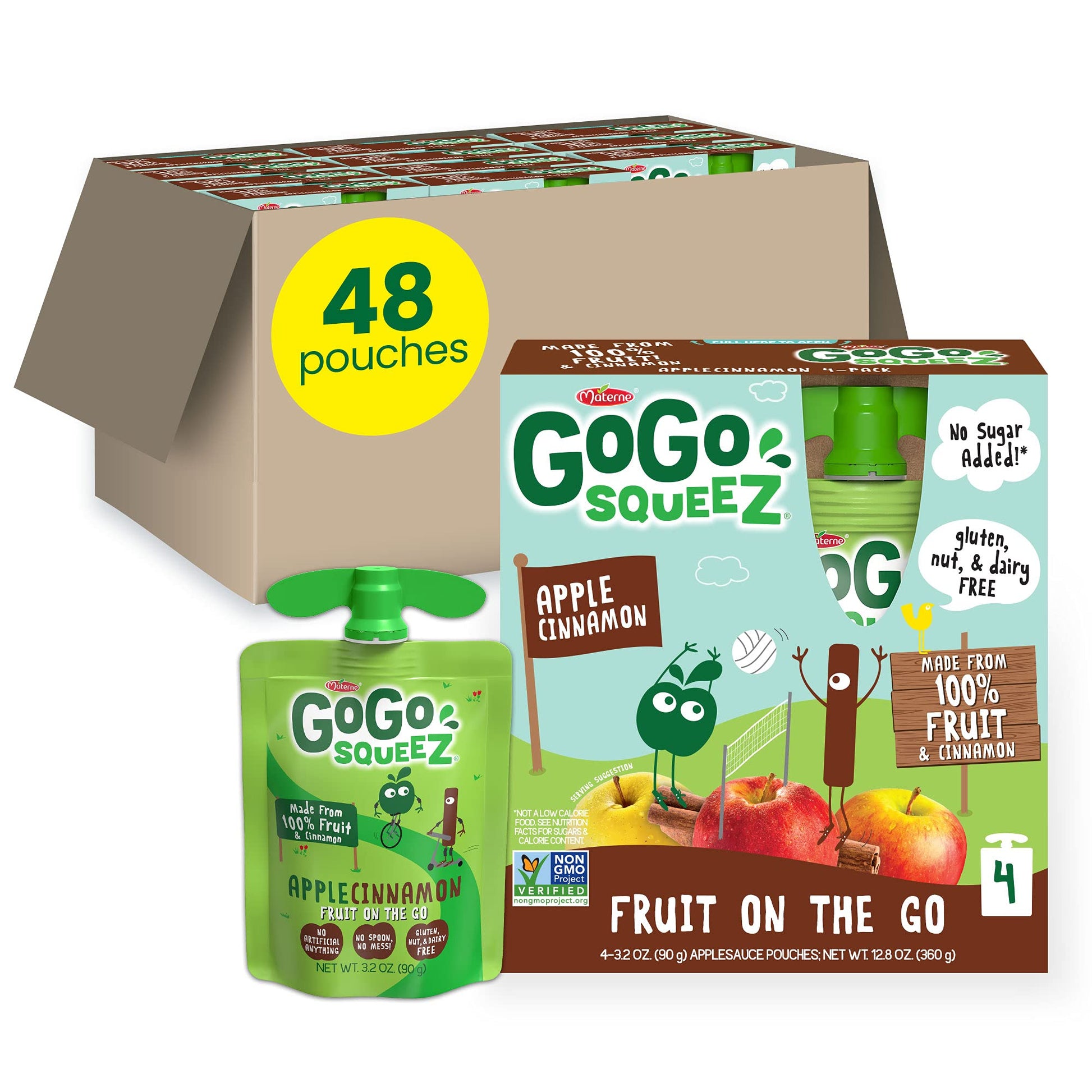 Gogo Squeez Fruit On The Go, Apple Cinnamon, 3.2 Oz (Pack Of 48), Unsweetened Fruit Snacks For Kids, Gluten Free, Nut Free And D
