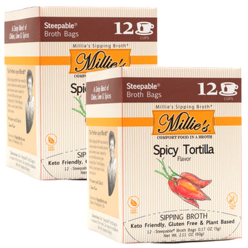 Millies Sipping Broth - Vegetable Broth -Natural-Gluten Free-Keto Friendly Spicy Tortilla 12 Count Box (2-Pack)