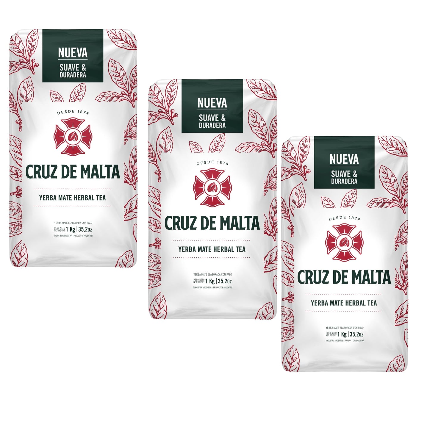 Yerba Mate Cruz De Malta, Suave Y Duradera 2.2 Lbs Each Bag, 3-Pack
