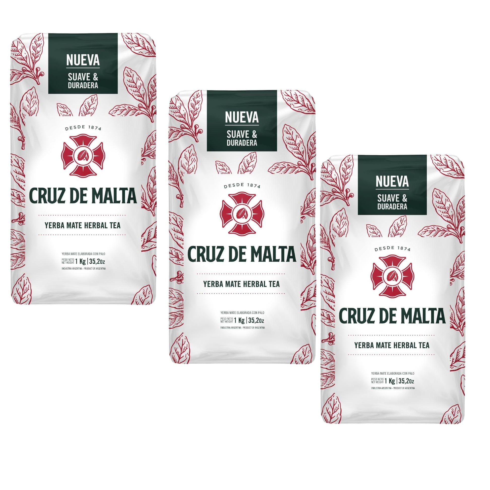 Yerba Mate Cruz De Malta, Suave Y Duradera 2.2 Lbs Each Bag, 3-Pack