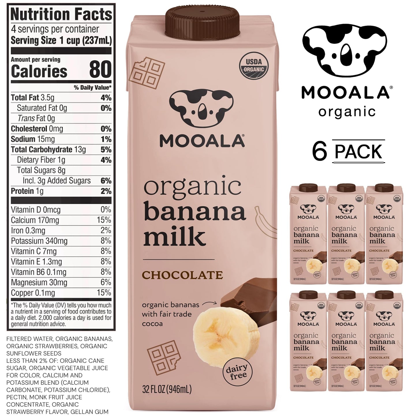 Mooala - Organic Chocolate Bananamilk, 32 fl oz (Pack of 6) - Shelf-Stable, Non-Dairy, Nut-Free, Gluten-Free, Plant-Based Bevera