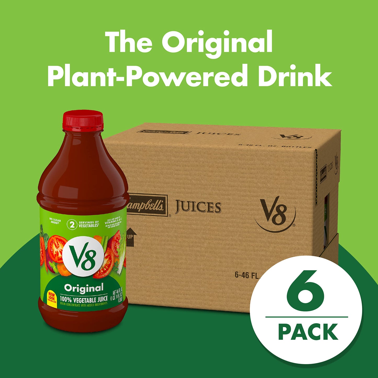 V8 Original 100% Vegetable Juice, 46 fl oz Bottle, Pack of 6 - Healthy Drink, No Added Sugar, Nutrient-Rich Beverage