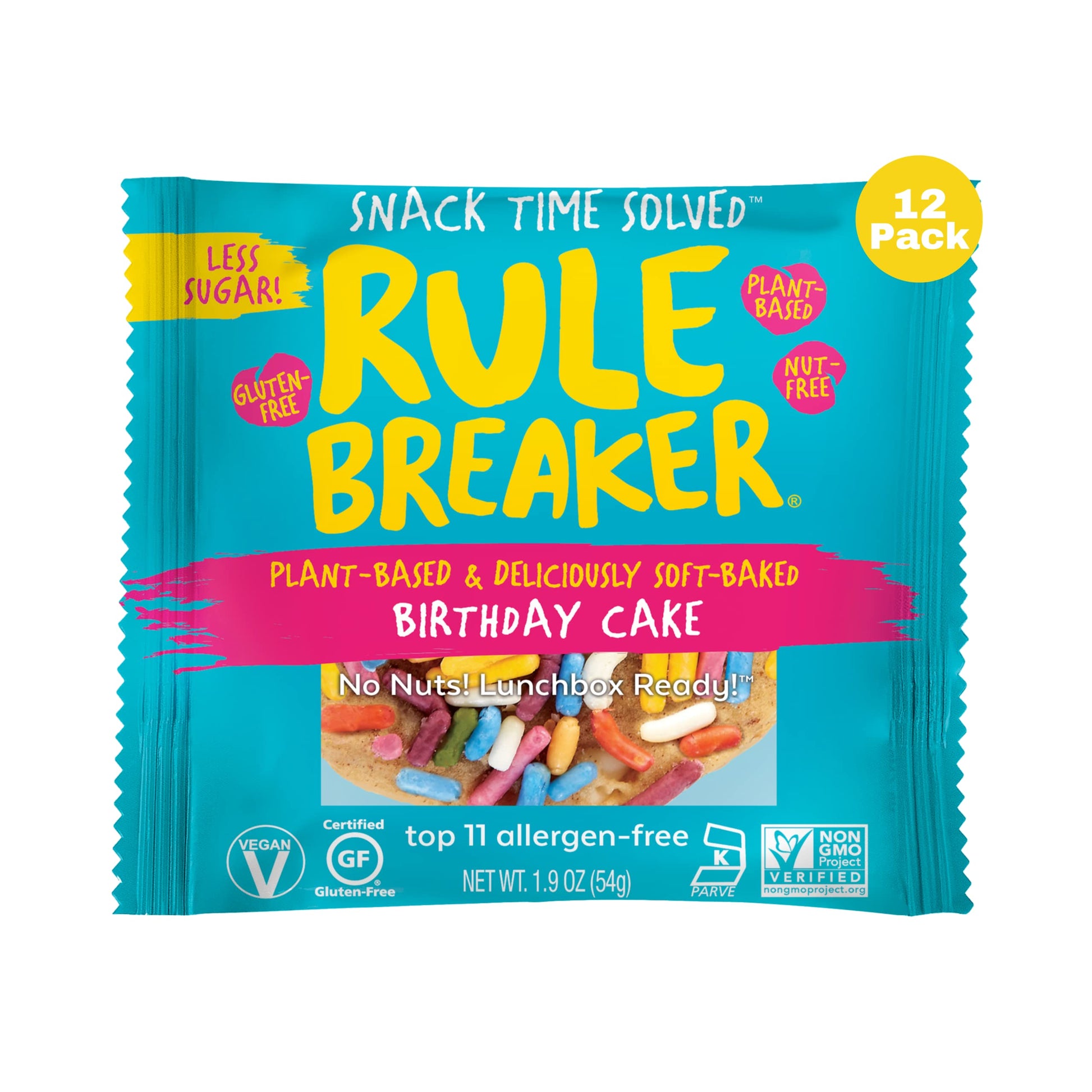 Rule Breaker Snacks Birthday Cake | Vegan, Gluten-Free, Nut-Free, Top 11 Allergen-Free | Great for School, Office | Pack of 12