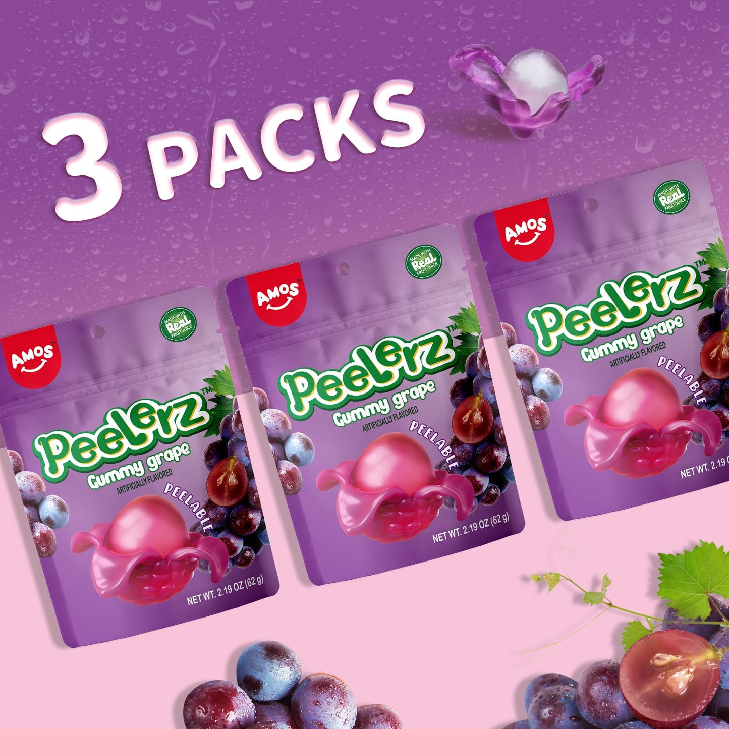 Amos Peelable Gummy Grape, Peelerz Gummy Grape Peeling Candy,Resealable 2.19Oz Bag Fruit Gummies(Pack Of 3)