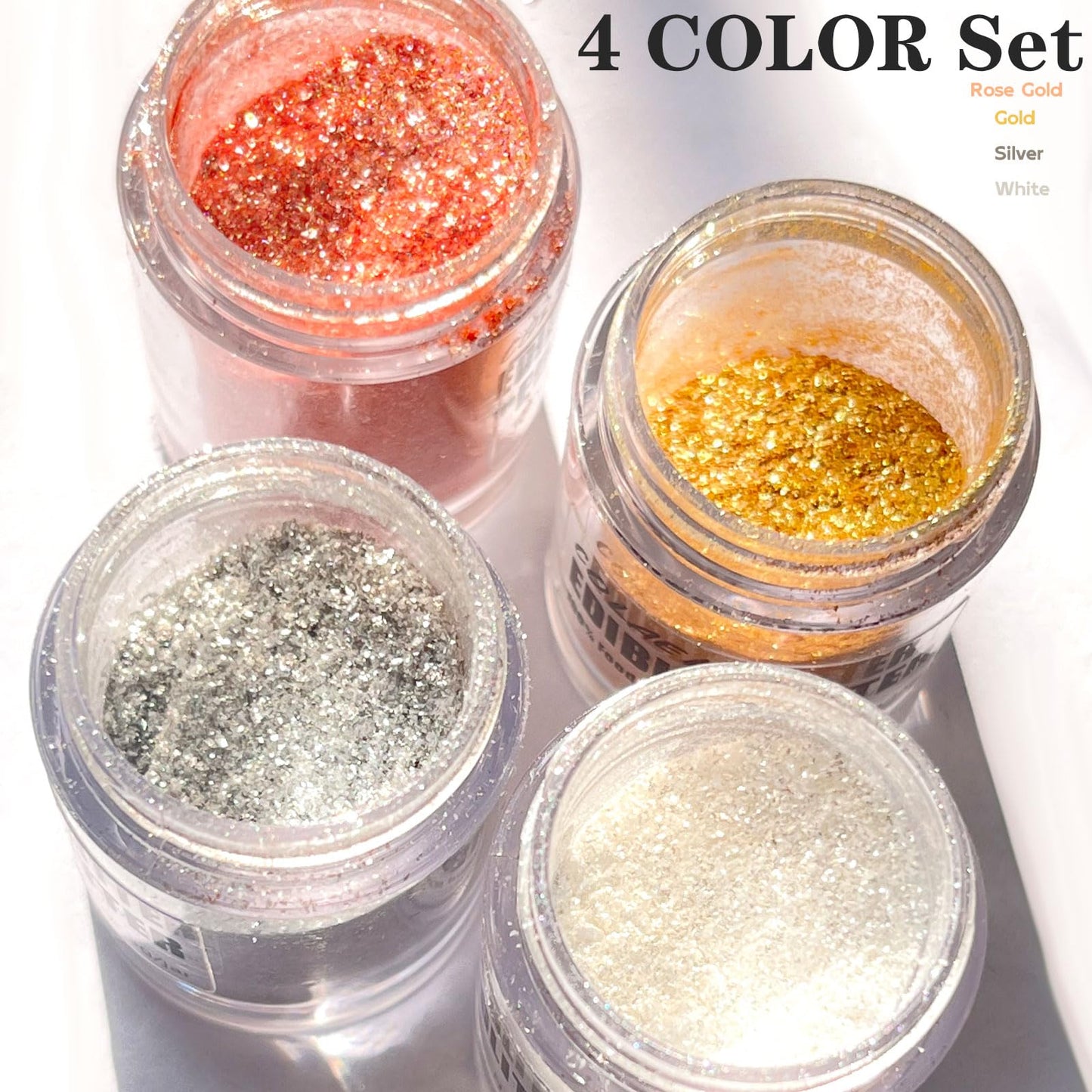 Colaele Edible Glitter for Drinks & Cakes - 4 Colors Shimmering Luster Dust, 3g, Food Grade Metallic Coloring