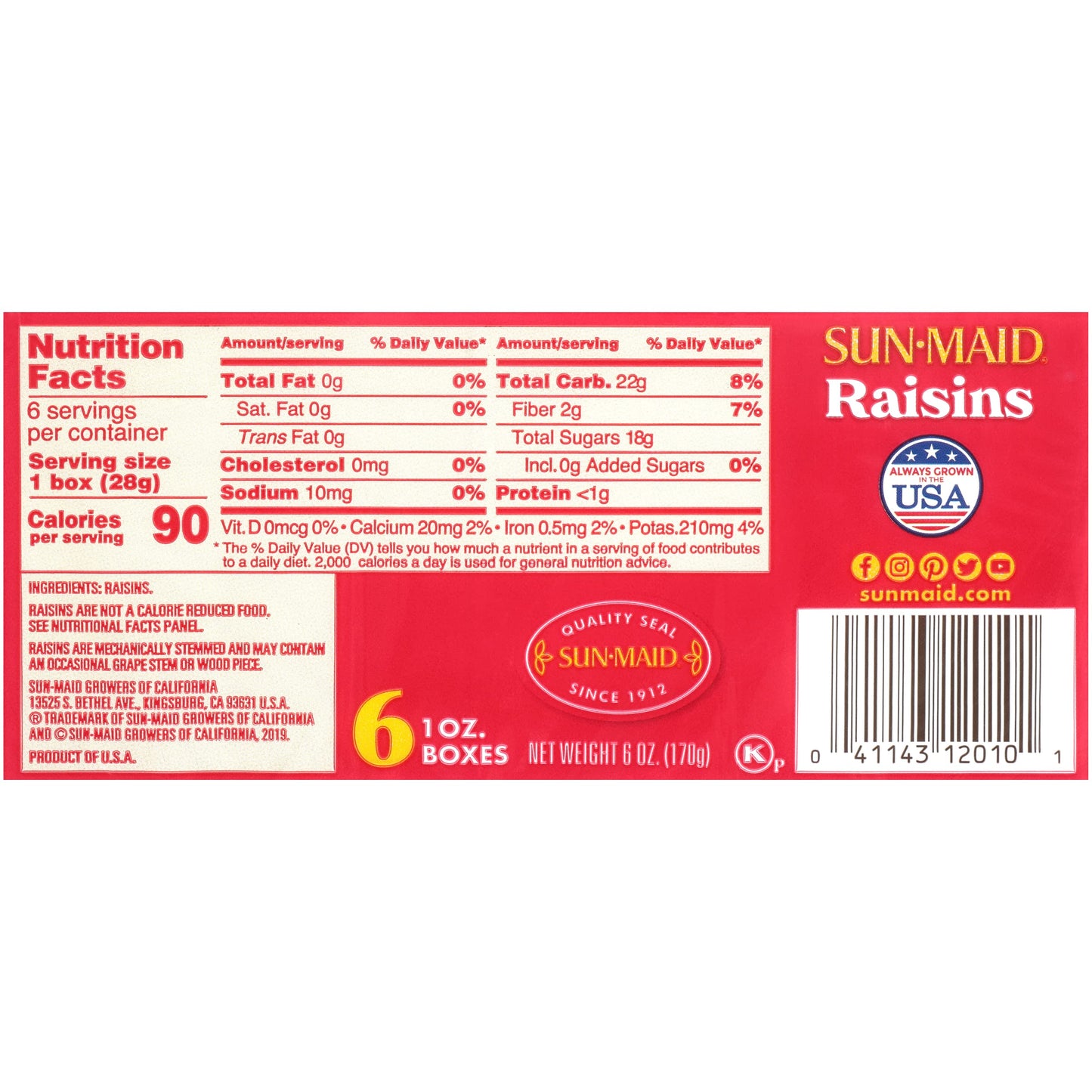 Sun Maid California Raisins 6 Boxes (Pack Of 6) - 1.33Oz Boxes