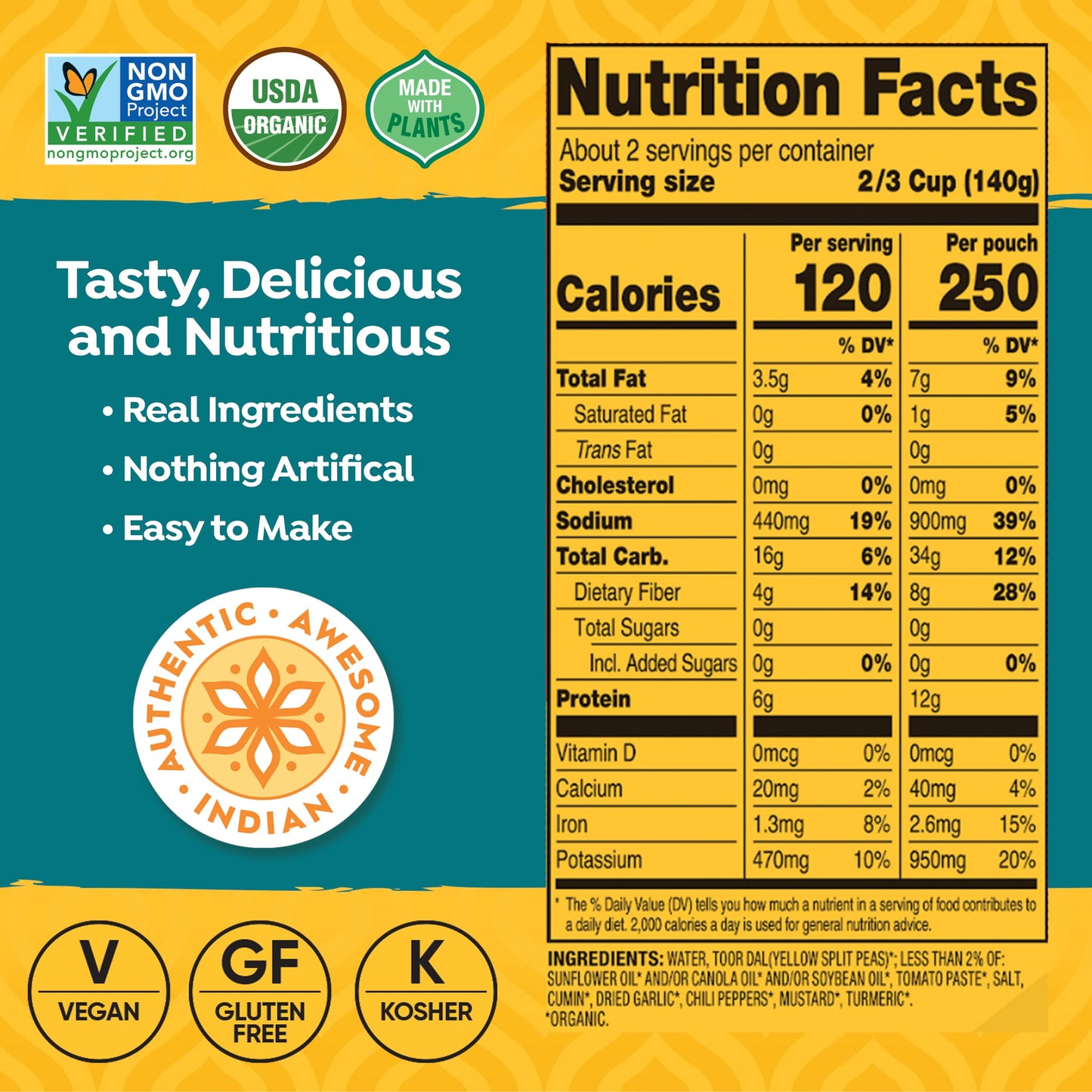 Tasty Bite Organic Jodhpur Lentils, 10 Ounce, Pack Of 6, Ready To Eat, Microwavable Entree, Vegan ( 6 Count )