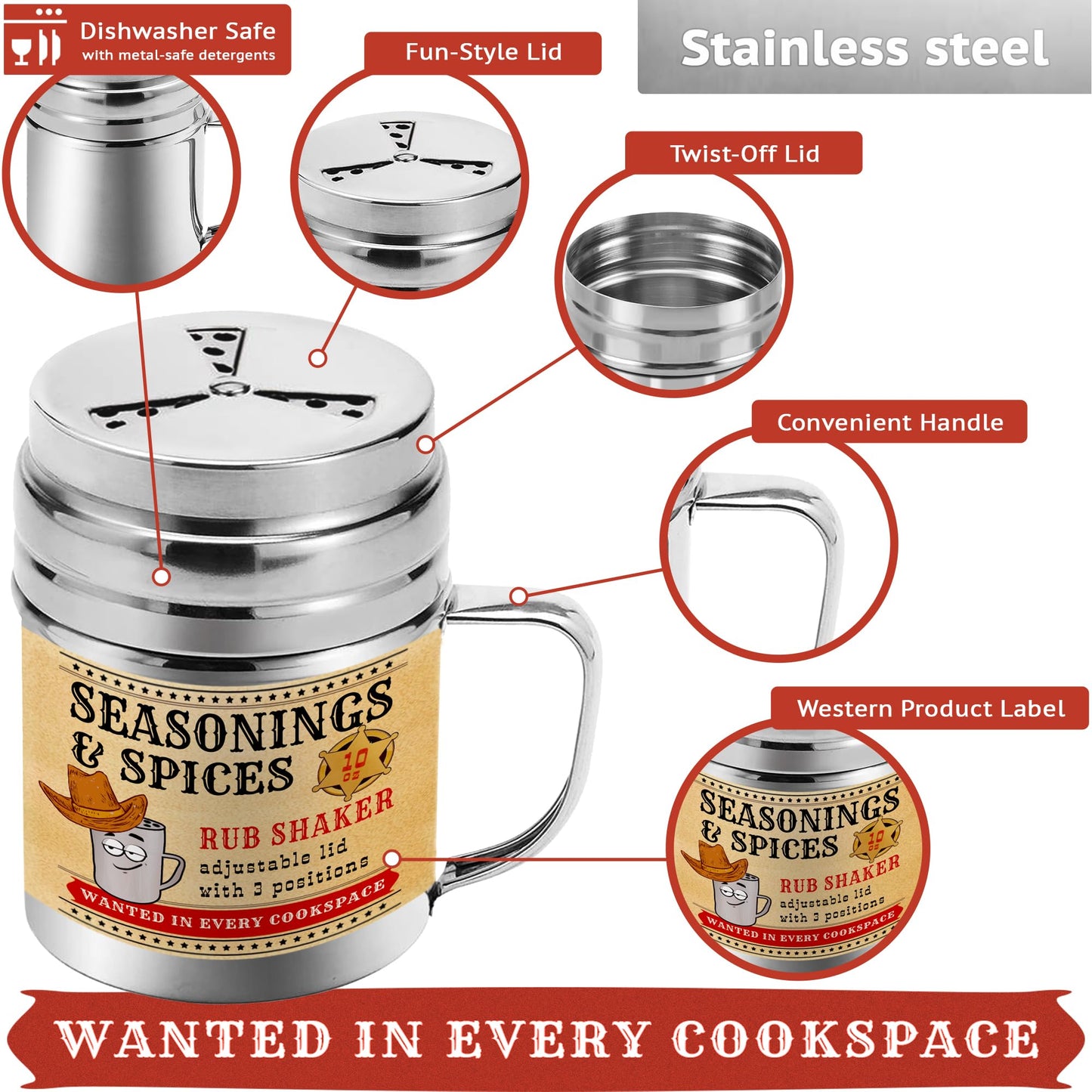 CUSINIUM Spice Shakers Set of 6 - 10 oz BBQ Dry Rub with Adjustable Fan Lid