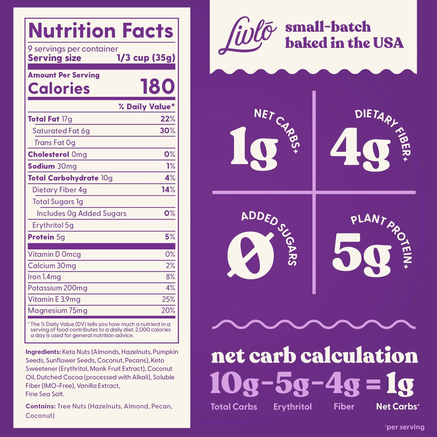 LIVLO Keto Granola Cereal - 1g Net Carbs, Gluten Free, Low Carb Snacks - Chocolate Hazelnut, 11oz Pack of 12, Paleo & Diabetic Friendly