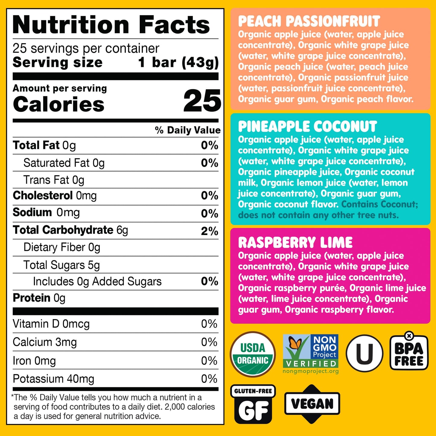 DeeBees Organics SuperFruit Freezie Variety Pack, 100% Real Fruit Freezer Pops, No Added Sugar, 50 Count