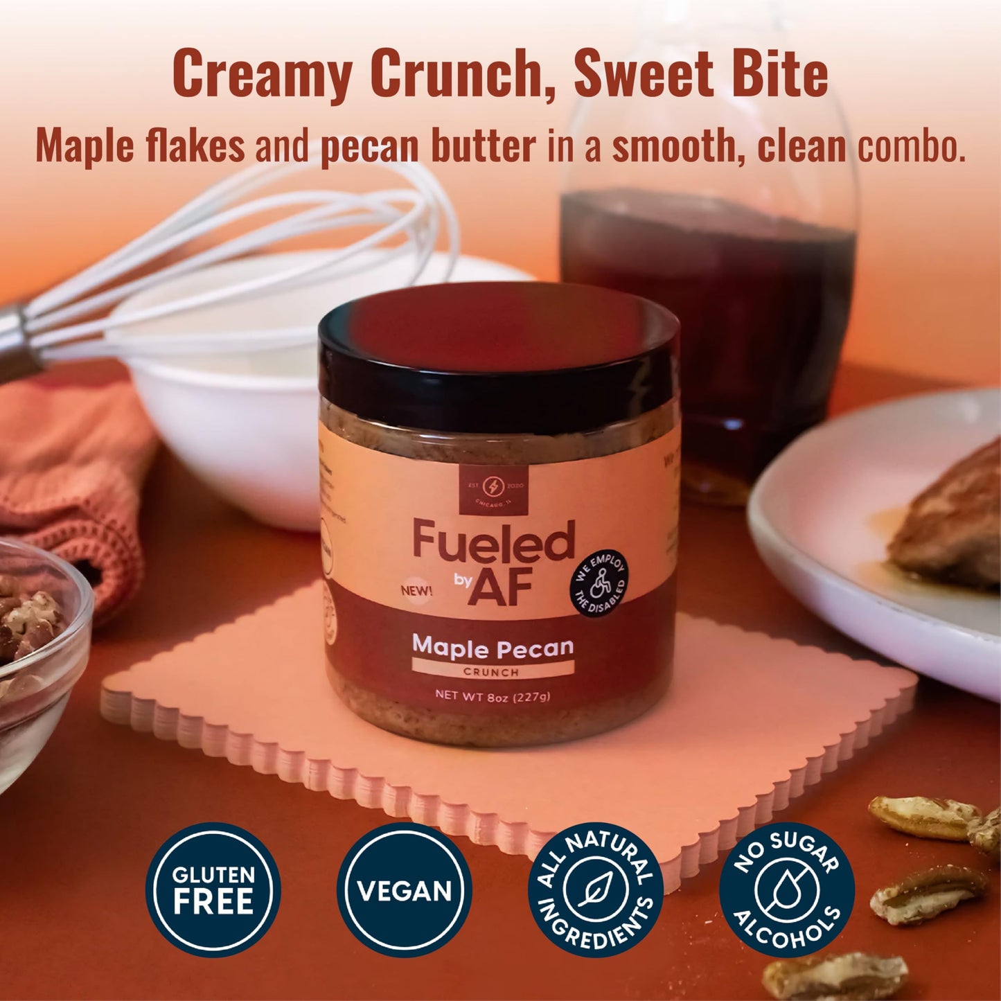Fueled AF Maple Pecan Crunch Butter, Made with Roasted Pecans and Maple Flakes, Vegan & Paleo Friendly, (8 ounce Jar)