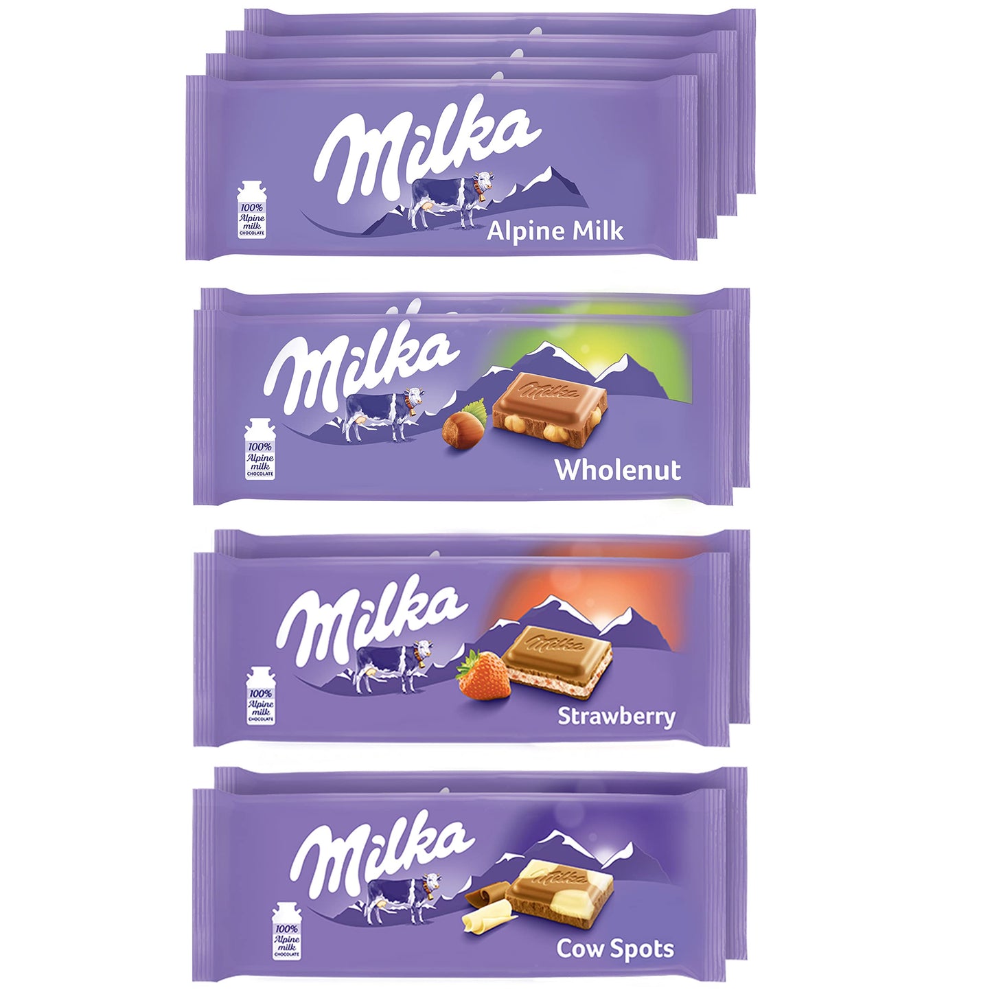 Milka Chocolate Bars Variety Pack, Alpine Milk, Cow Spots, Strawberry & Hazelnut, 10 Count