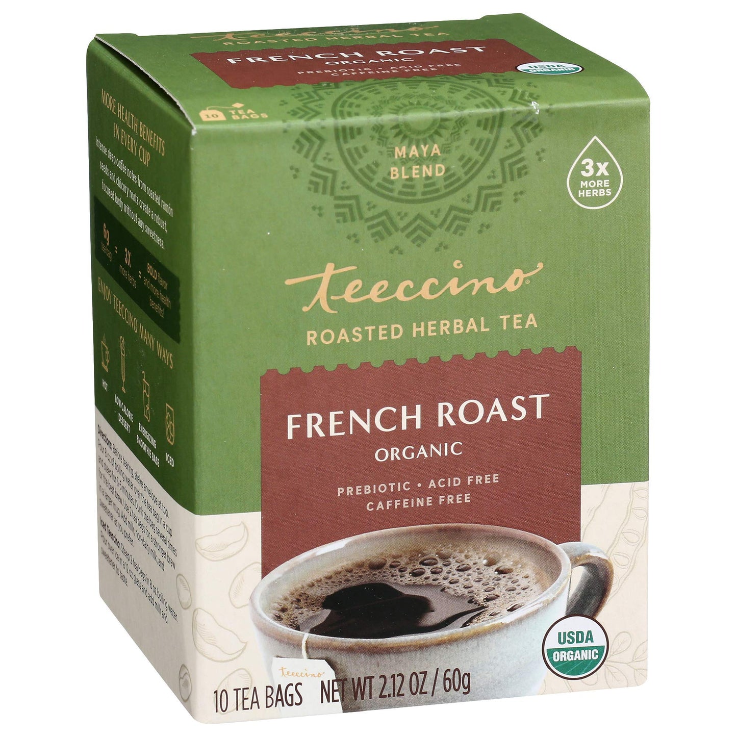 Teeccino French Roast Herbal Tea - Caffeine Free, Prebiotic, 10 Tea Bags, Pack of 6, Paper