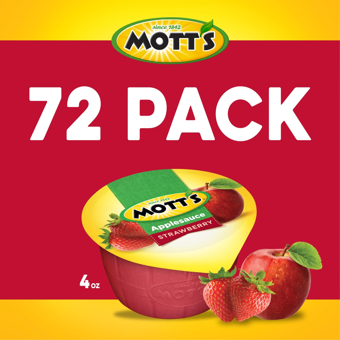 Mott'S Strawberry Applesauce, 4 Oz Cups, 72 Count (12 Packs Of 6), No Artificial Flavors, Good Source Of Vitamin C, Nutritious O