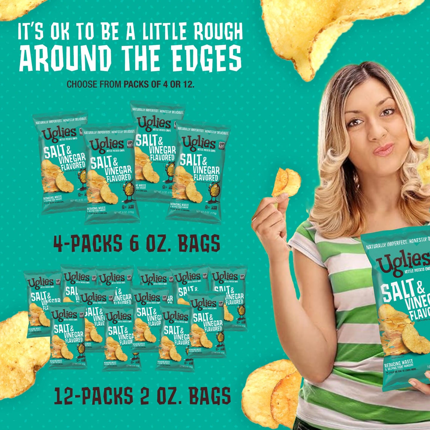 Uglies Salt and Vinegar Kettle Cooked Potato Chips, Gluten Free, 6 Oz. Bags, Pack of 4