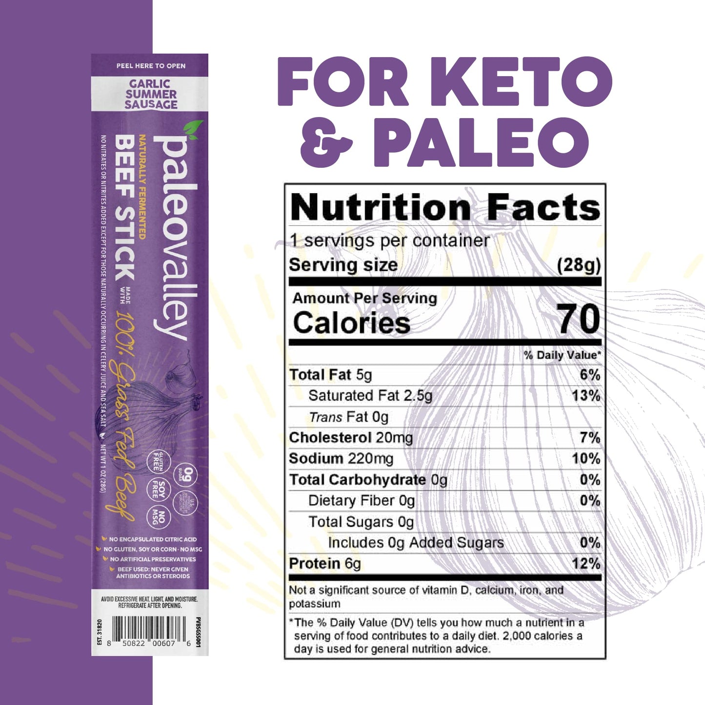 Paleovalley 100% Grass Fed Garlic Summer Sausage Beef Sticks - Delicious Gluten Free Beef Snack - High Protein Keto Friendly