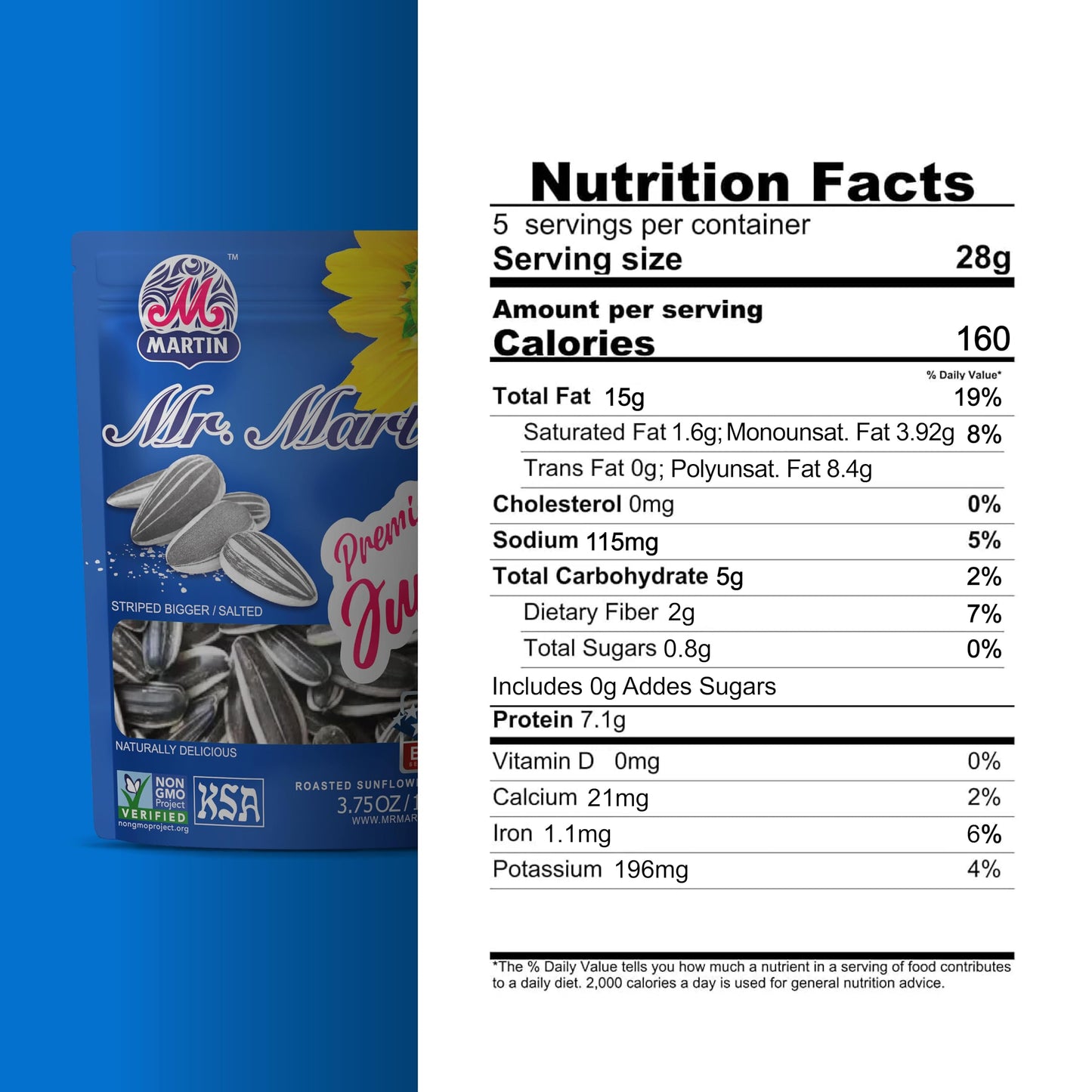Mr. Martin Enhanced Jumbo Salted Sunflower Seeds To Eat, Roasted, Keto Friendly Snack, Kosher, Non-Gmo, Vegan - 3.75 Oz, 16 Pack