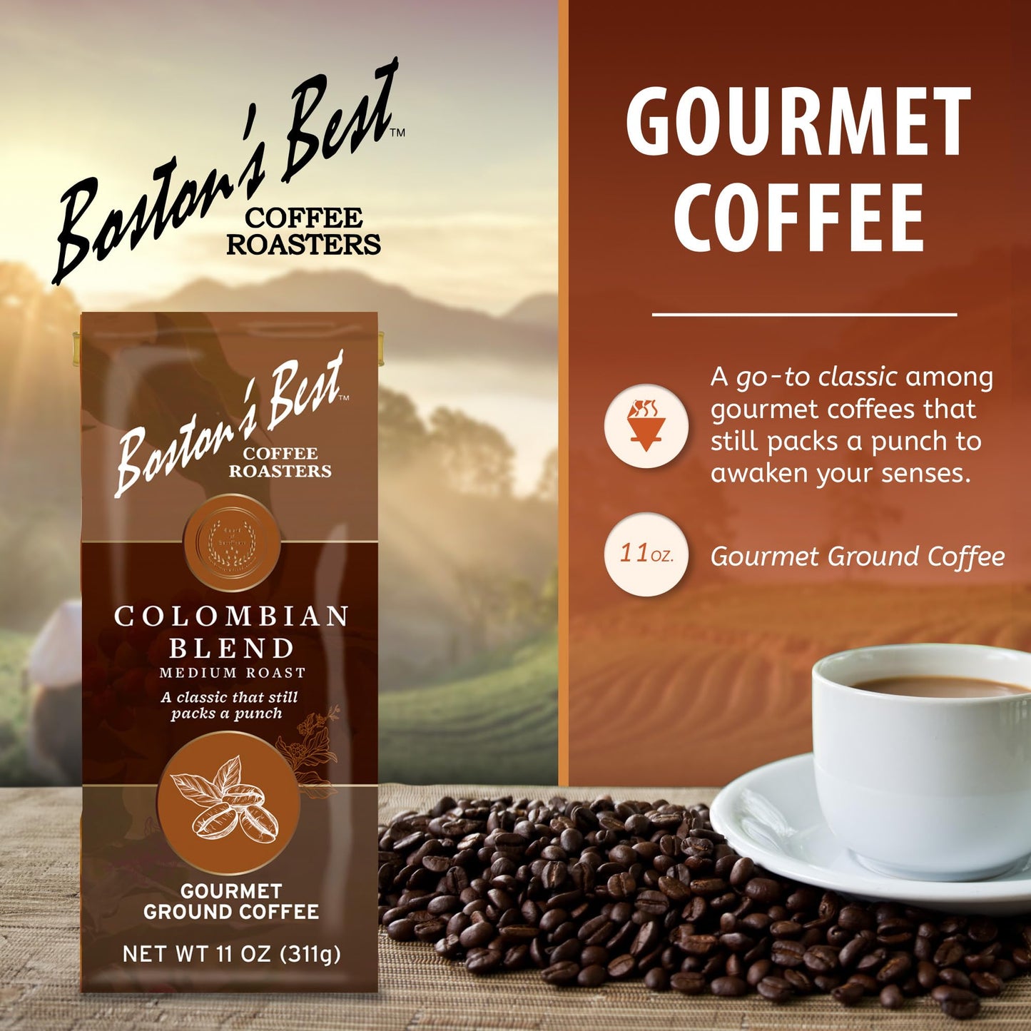 Bostons Best Colombian Blend Coffee, Gourmet Ground Coffee, 11 oz. Bag