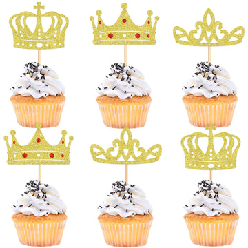 Cyodoos 24Pcs Gold Crown Cupcake Toppers Glitter Queen Crown Cupcake Baby Shower Wedding Birthday Party Cake Decorations Supplie