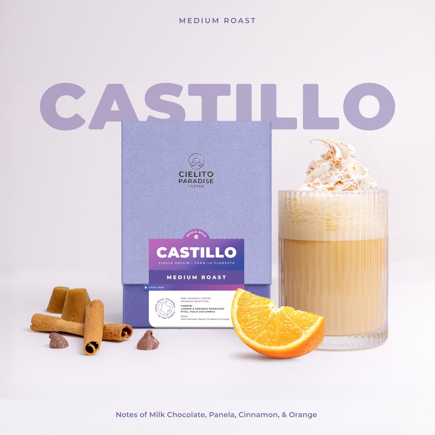 Castillo, Medium Roast Cielito Paradise Coffee Whole Bean Huila Colombia Single Origin, Silky And Creamy With Notes Of Milk Choc