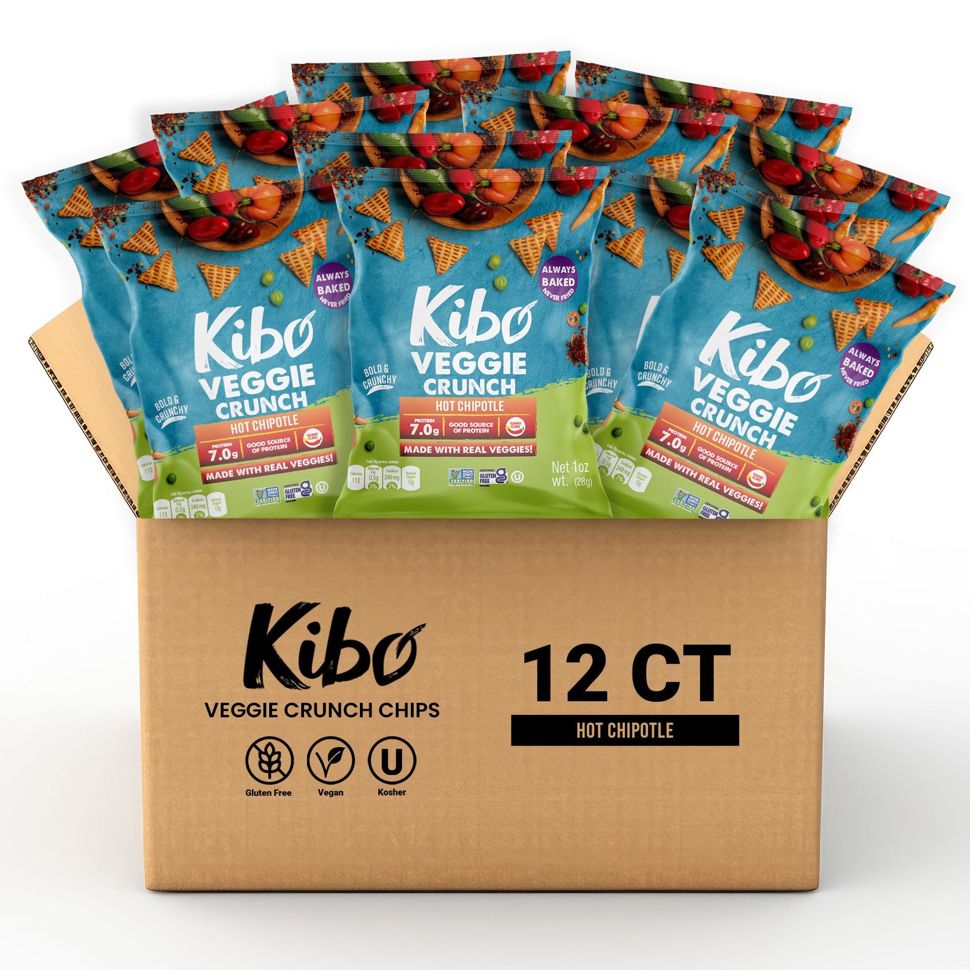 Kibo Veggie Chips Hot Chipotle Flavor, Plant-Based Protein, Gluten-Free, Non-GMO, Vegan-Friendly, 3D Triangles, Flaming Hot 12 P