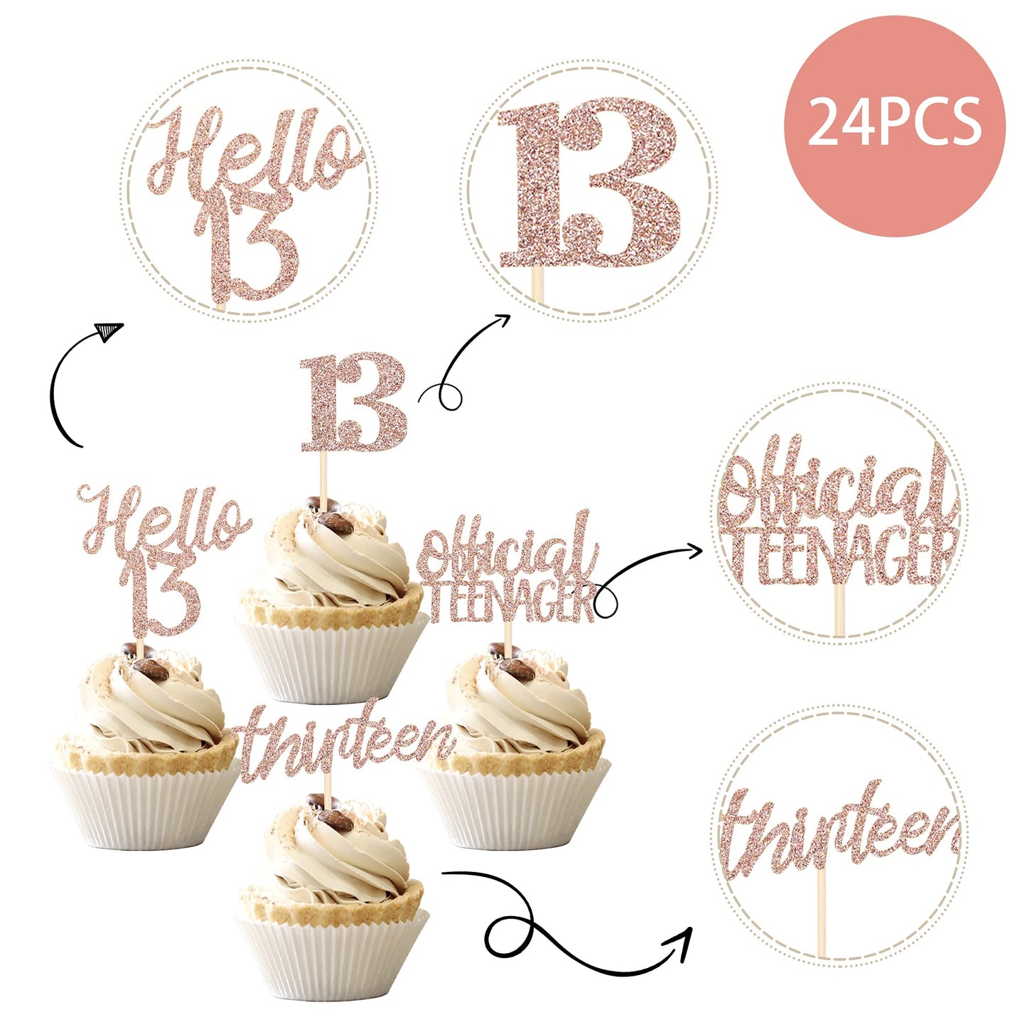 24 Pcs 13Th Birthday Cupcake Toppers Official Teenager Hello 13 Thirteen Cupcake Picks 13Th Birthday Cake Decorations Supplies R