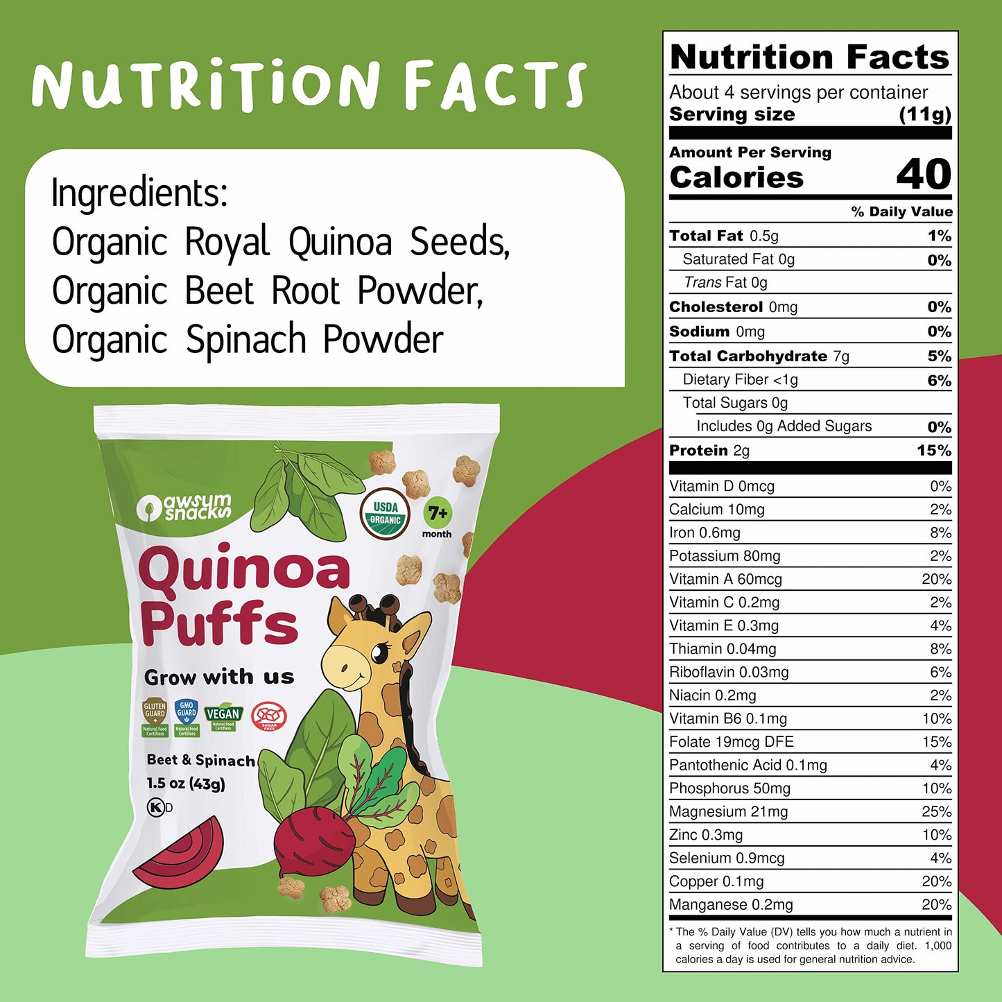Awsum Snacks Organic Quinoa Puffs For Kids - Happy Healthy Food - Vegan Kosher Gluten Free - Non-Allergy - No Added Sugar - 24 B