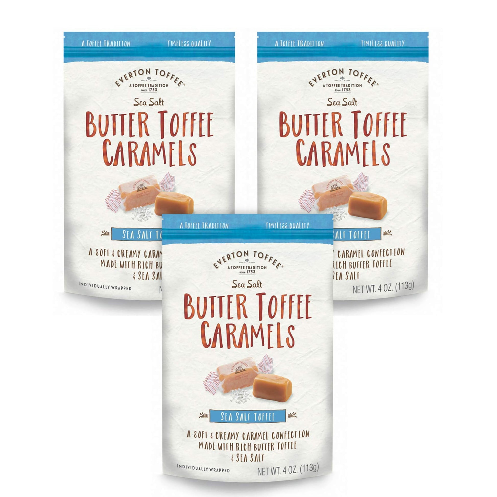 Everton Toffee Butter Toffee Caramels, Sea Salt Flavor (4 oz. bag, 3-pack). Gourmet, Artisan Soft and Creamy Toffee Caramels, Sm