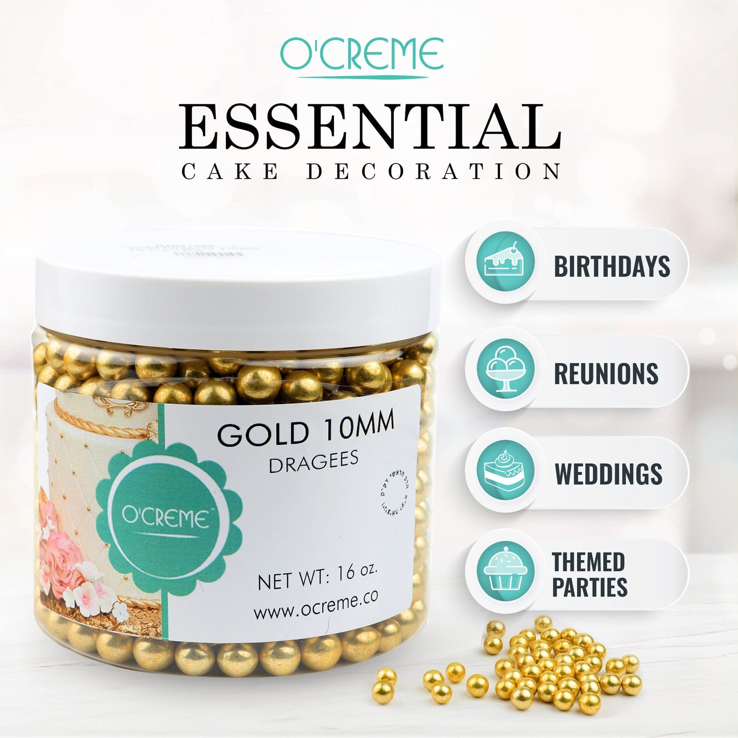 OCREME Gold Dragees Cake Decorating Supplies, 8mm Metallic Sphere Sprinkles, 2 Pound Non-Toxic Accents