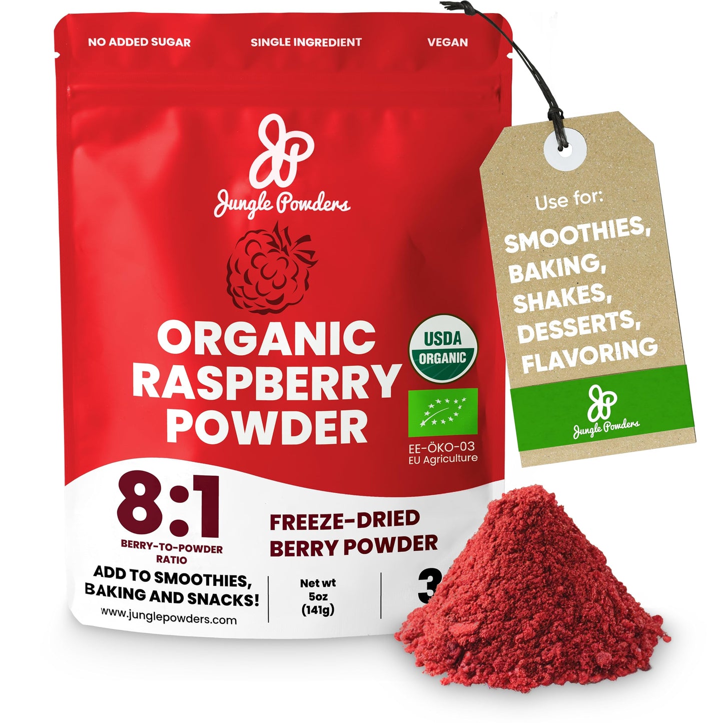 Jungle Powders Organic Raspberry Powder 5 Ounce Bag, USDA Organic Freeze Dried Raspberries from Whole Berry for Baking, Additive