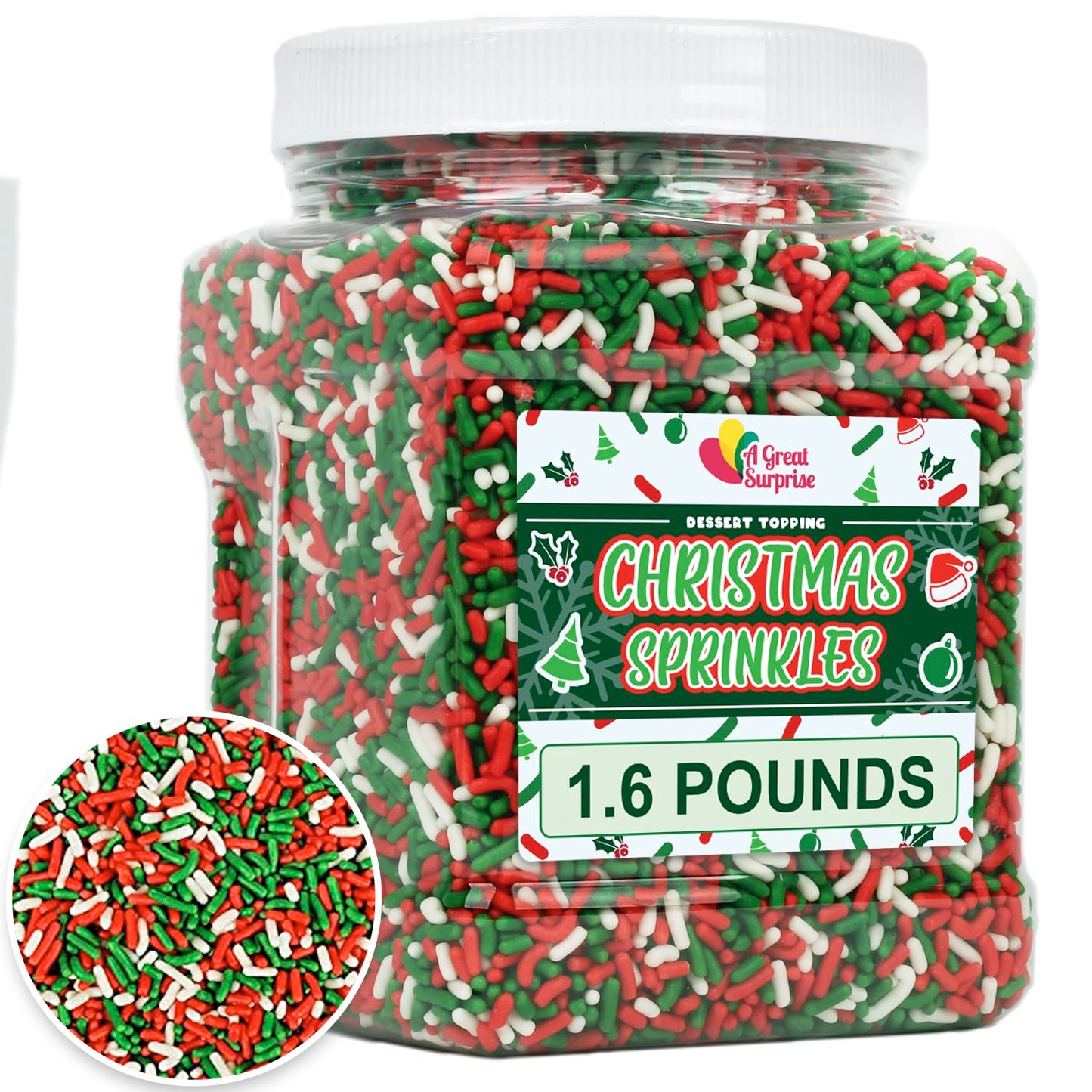 Christmas Sprinkles Bulk - 1.6 Pounds - Holiday Jimmies - Red White and Green Xmas Baking Toppings for Cookies, Cakes, Cupcakes,