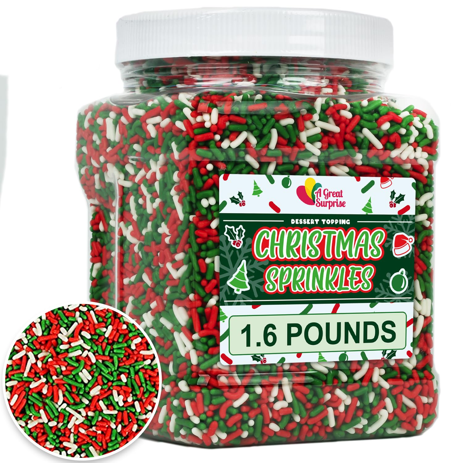 Christmas Sprinkles Bulk - 1.6 Pounds - Holiday Jimmies - Red White and Green Xmas Baking Toppings for Cookies, Cakes, Cupcakes,