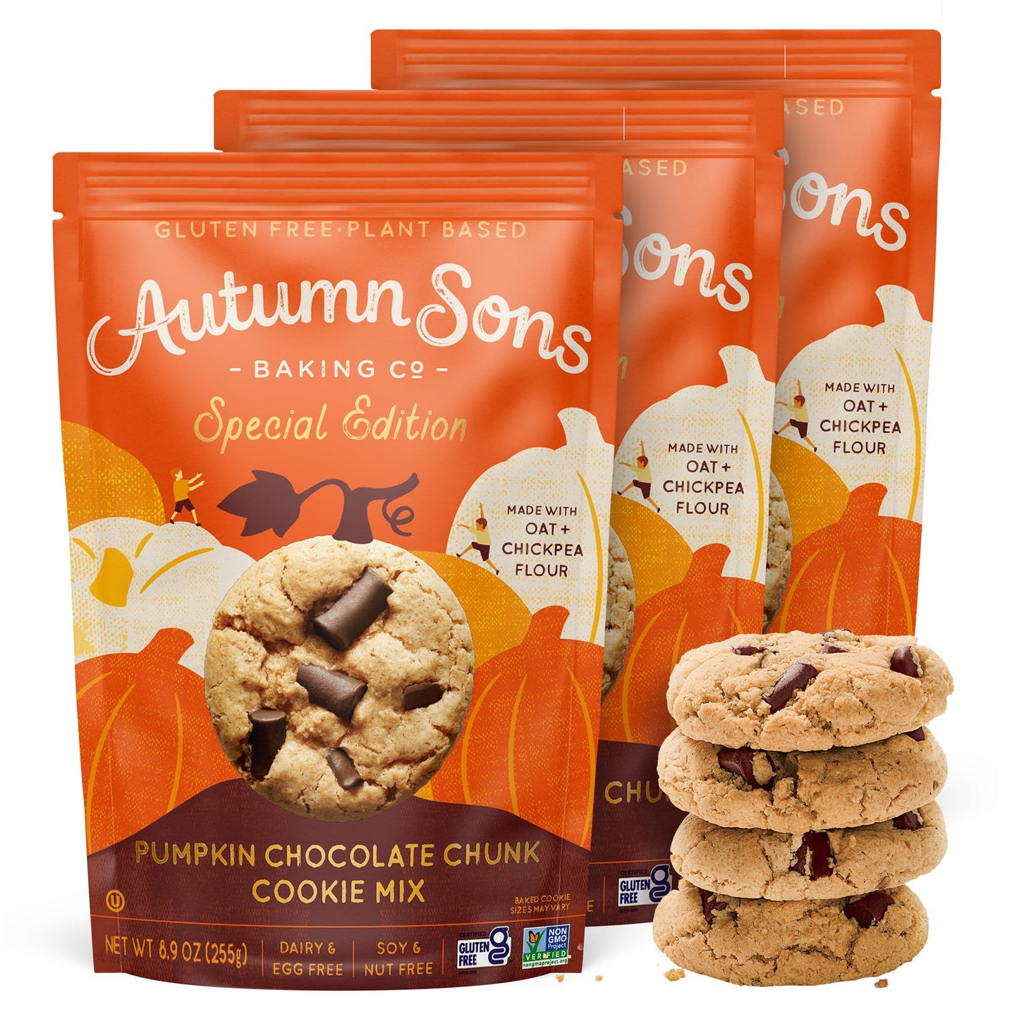 Autumn Sons Baking Co. Gluten Free Pumpkin Chocolate Chunk Cookie Mix. Special Release Pumpkin Spice Cookie Mix. Vegan  Plant Based. No Dairy  Soy & Nuts. Top 9 Allergen Free. 8.9 Oz (Pack Of 3)
